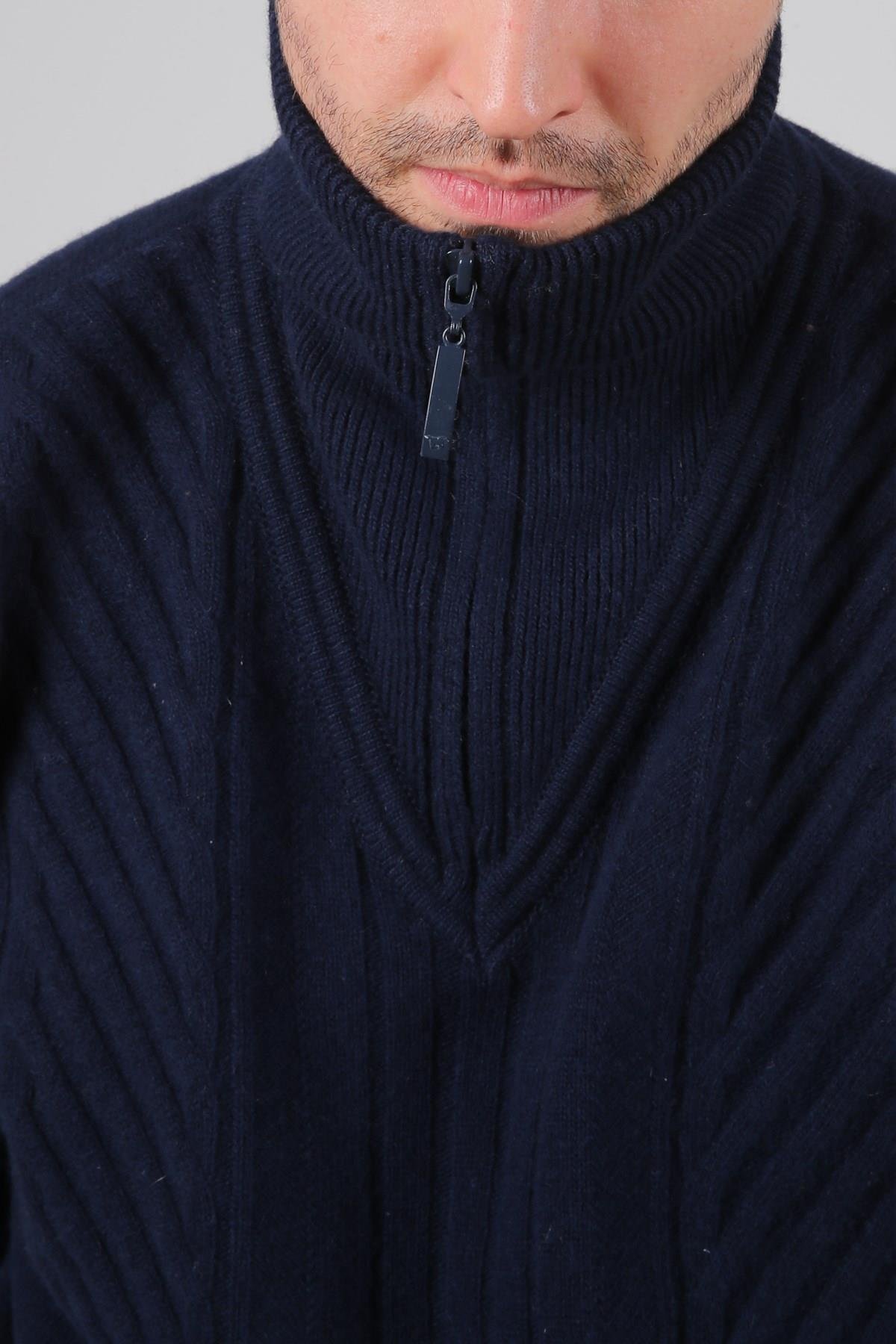 Ferraro Lacivert Balıkçı Yaka Fermuarlı Önü Desenli Uzun Kollu %100 Kuzu Yünü Erkek Triko Kazak