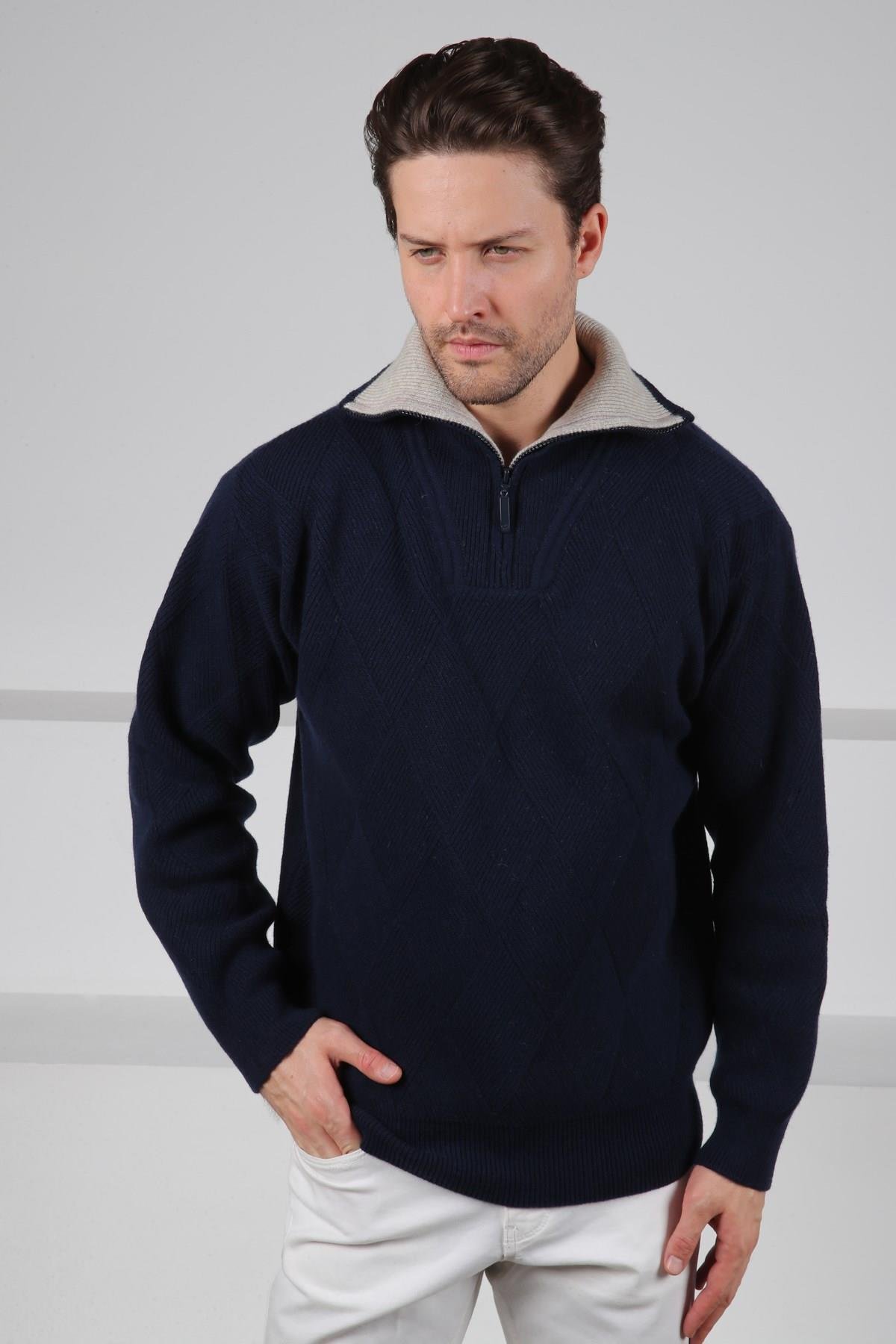Ferraro Lacivert Balıkçı Yaka Fermuarlı Kabartma Desenli Uzun Kollu %100 Kuzu Yünü Erkek Triko Kazak