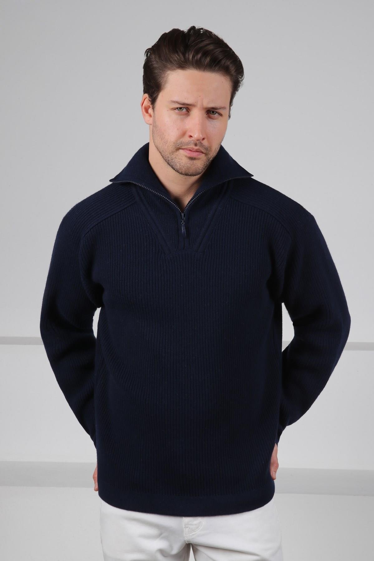 Ferraro Lacivert Balıkçı Yaka Fermuarlı Fitilli Uzun Kollu %100 Kuzu Yünü Erkek Triko Kazak