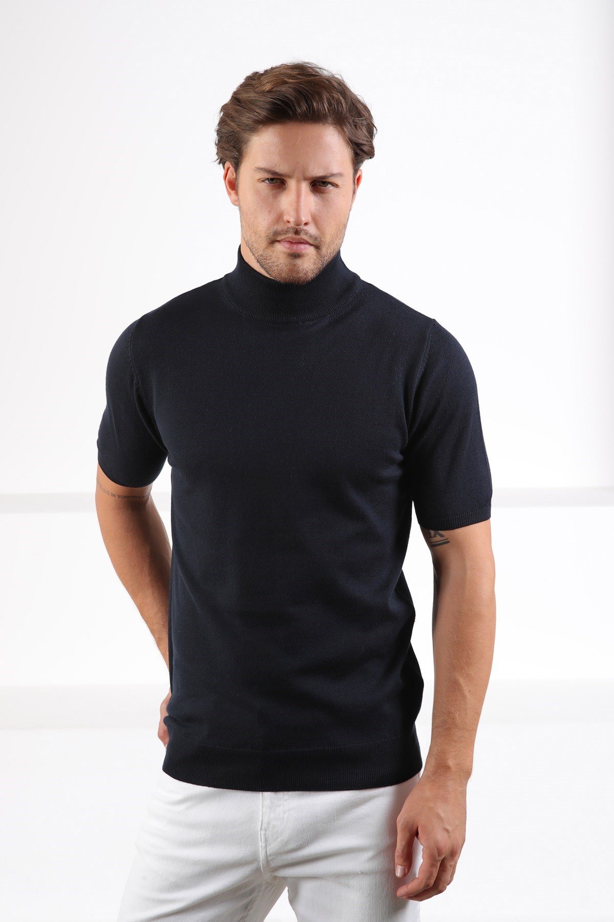 Ferraro Lacivert Balıkçı Yaka Kısa Kollu Pamuklu Erkek Kazak