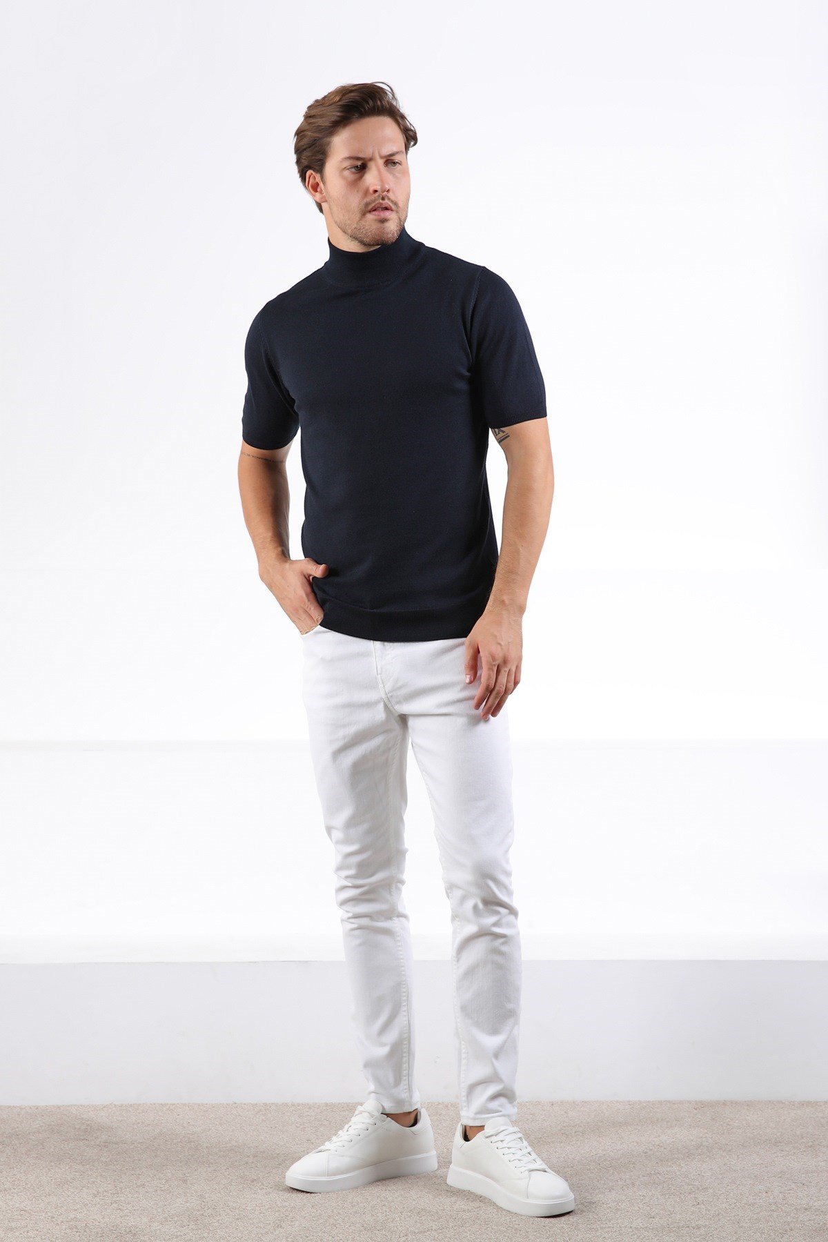 Ferraro Lacivert Balıkçı Yaka Kısa Kollu Pamuklu Erkek Kazak