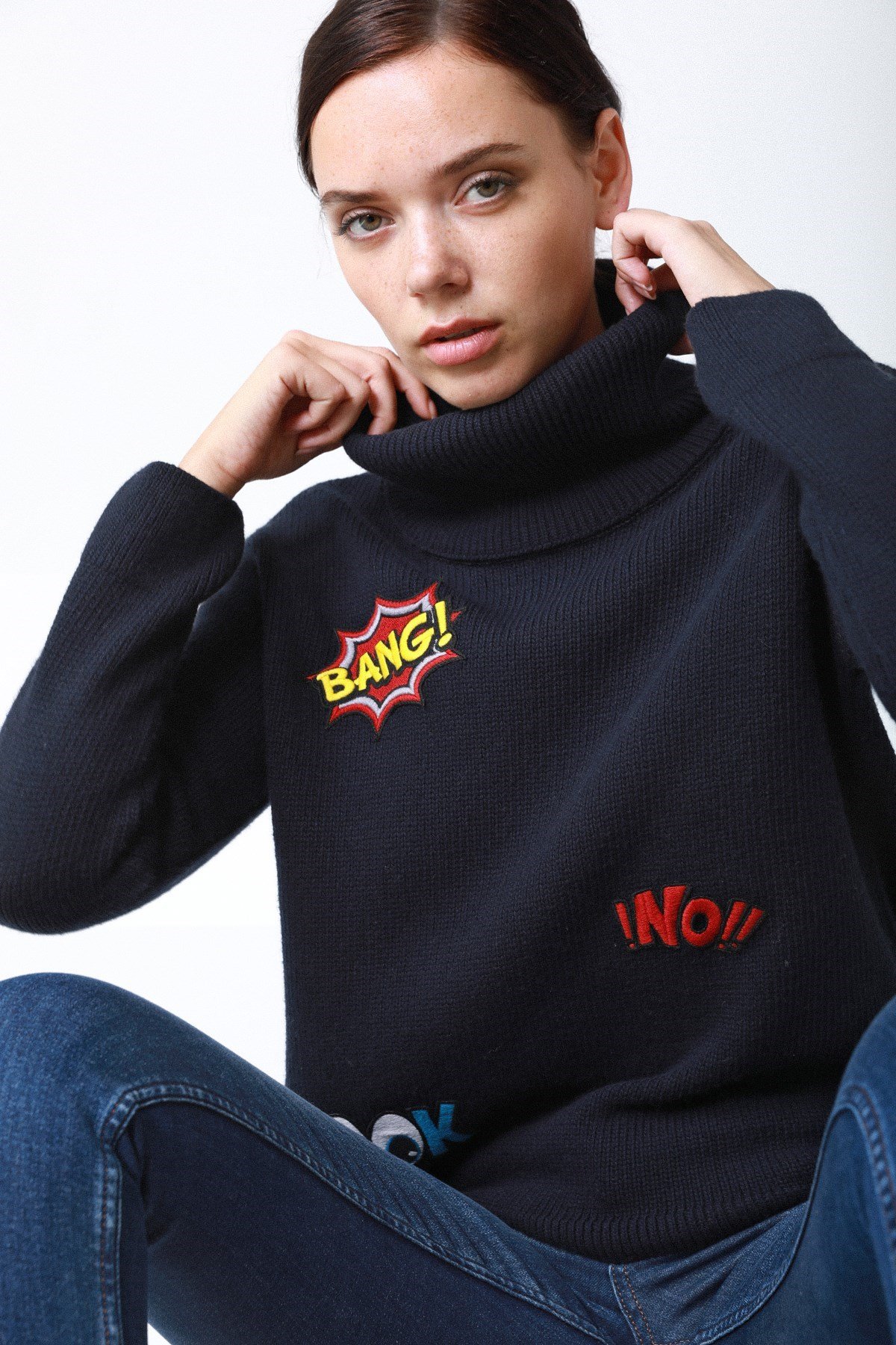 Ferraro Lacivert Balıkçı Yaka Pamuklu Kadın Triko Kazak