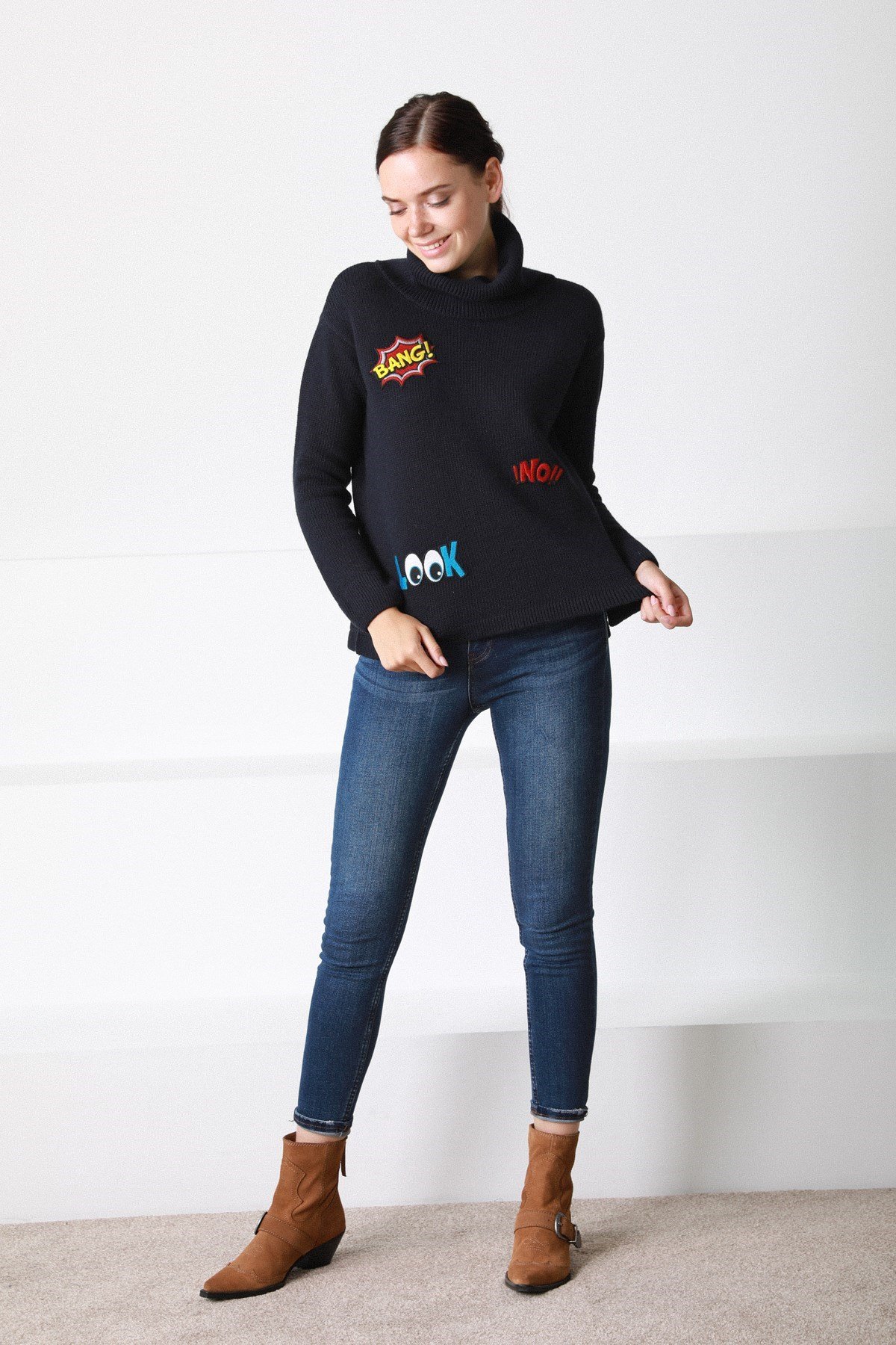 Ferraro Lacivert Balıkçı Yaka Pamuklu Kadın Triko Kazak