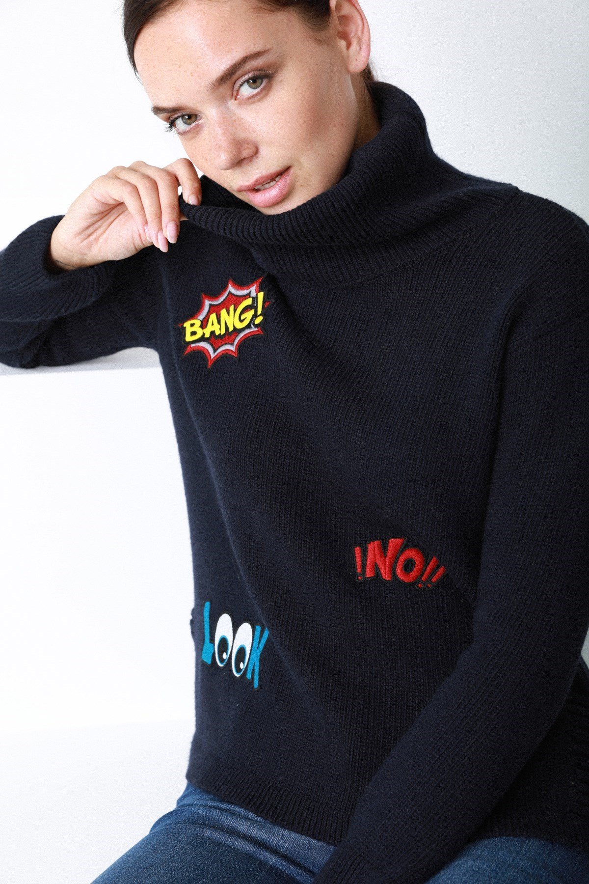 Ferraro Lacivert Balıkçı Yaka Pamuklu Kadın Triko Kazak