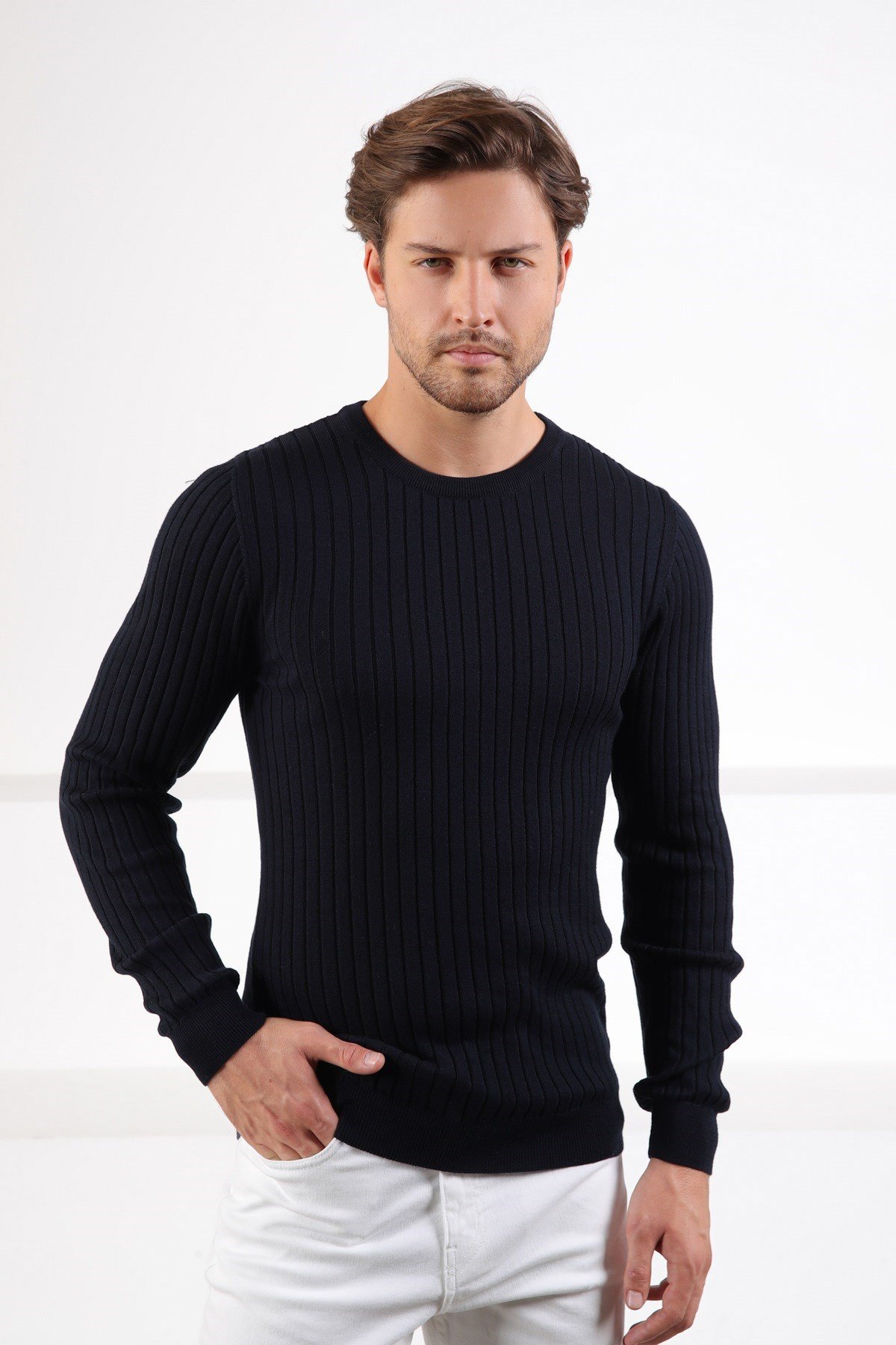 Ferraro Lacivert Bisiklet Yaka Fitilli Erkek Kazak