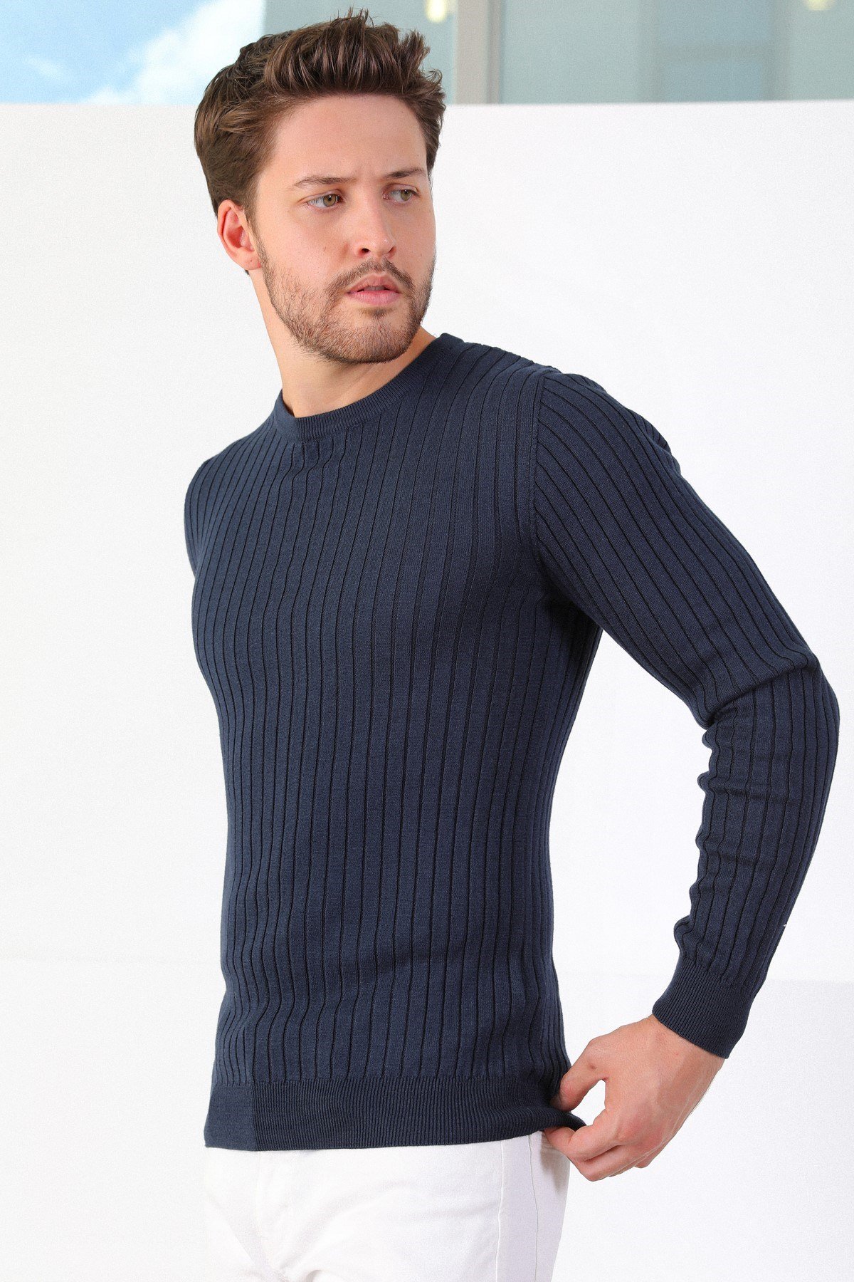 Ferraro Lacivert Bisiklet Yaka Fitilli Erkek Kazak