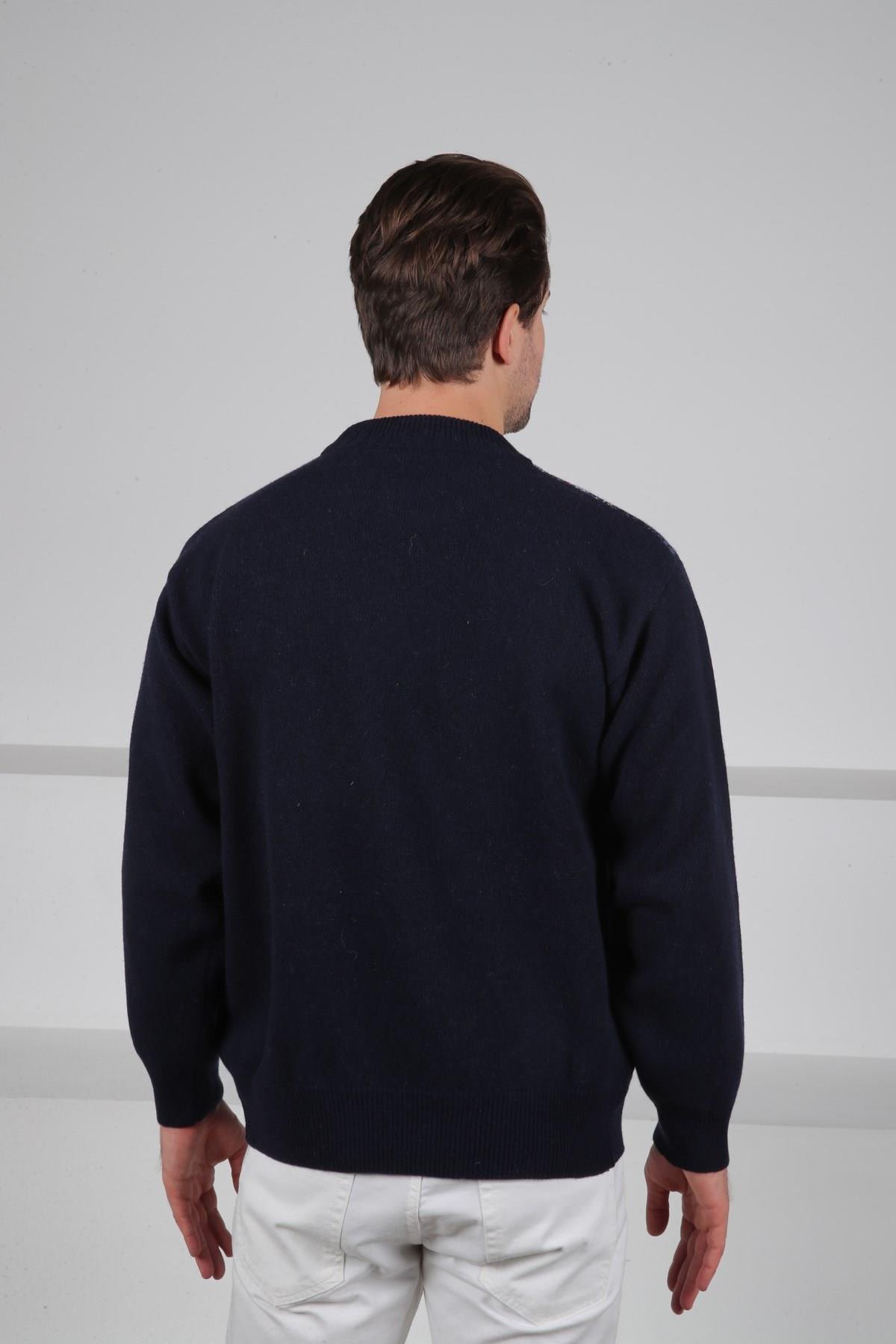 Ferraro Lacivert Bisiklet Yaka Önü Çizgili Uzun Kollu Kuzu Yünü Karışımlı Erkek Triko Kazak