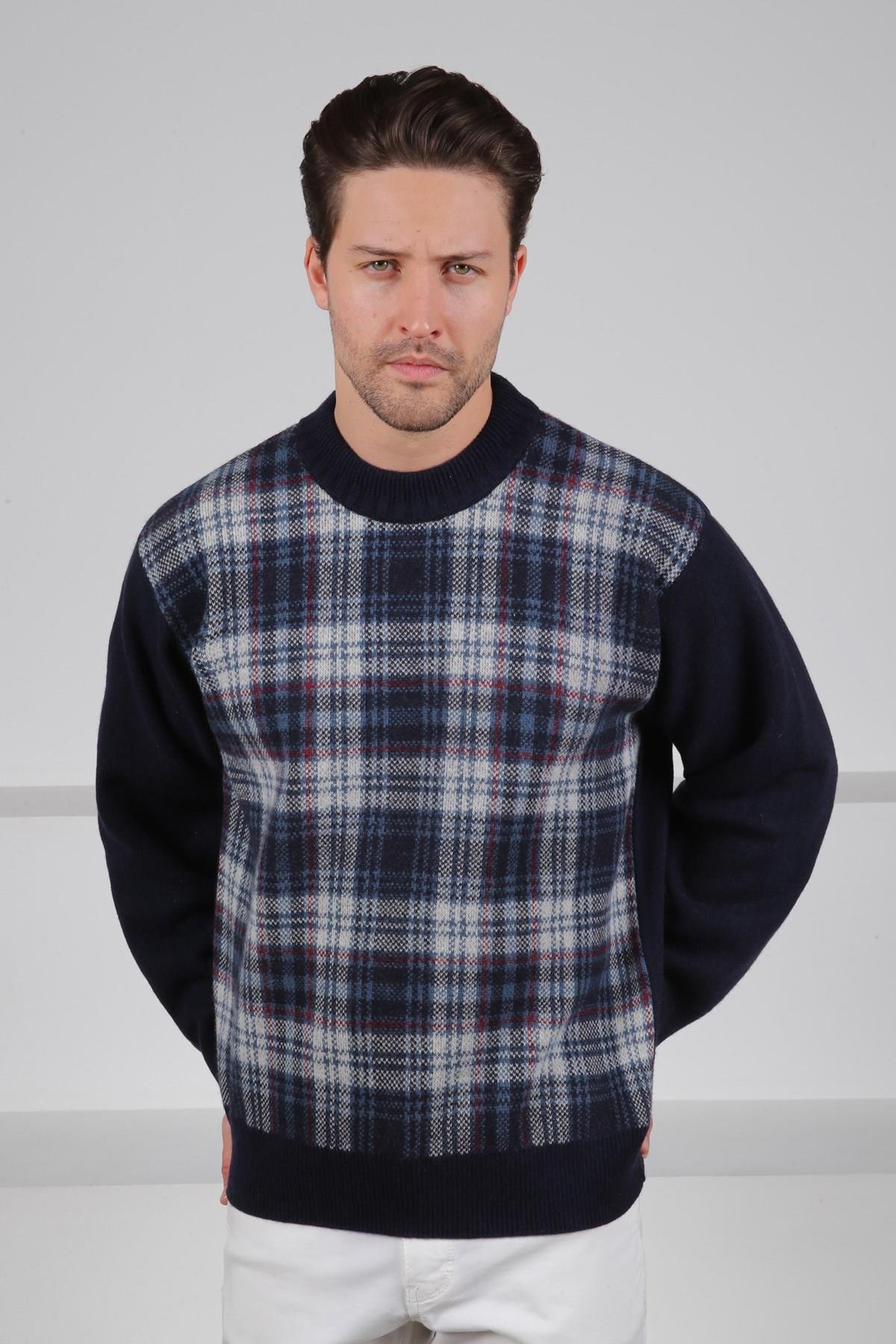 Ferraro Lacivert Bisiklet Yaka Önü Çizgili Uzun Kollu Kuzu Yünü Karışımlı Erkek Triko Kazak