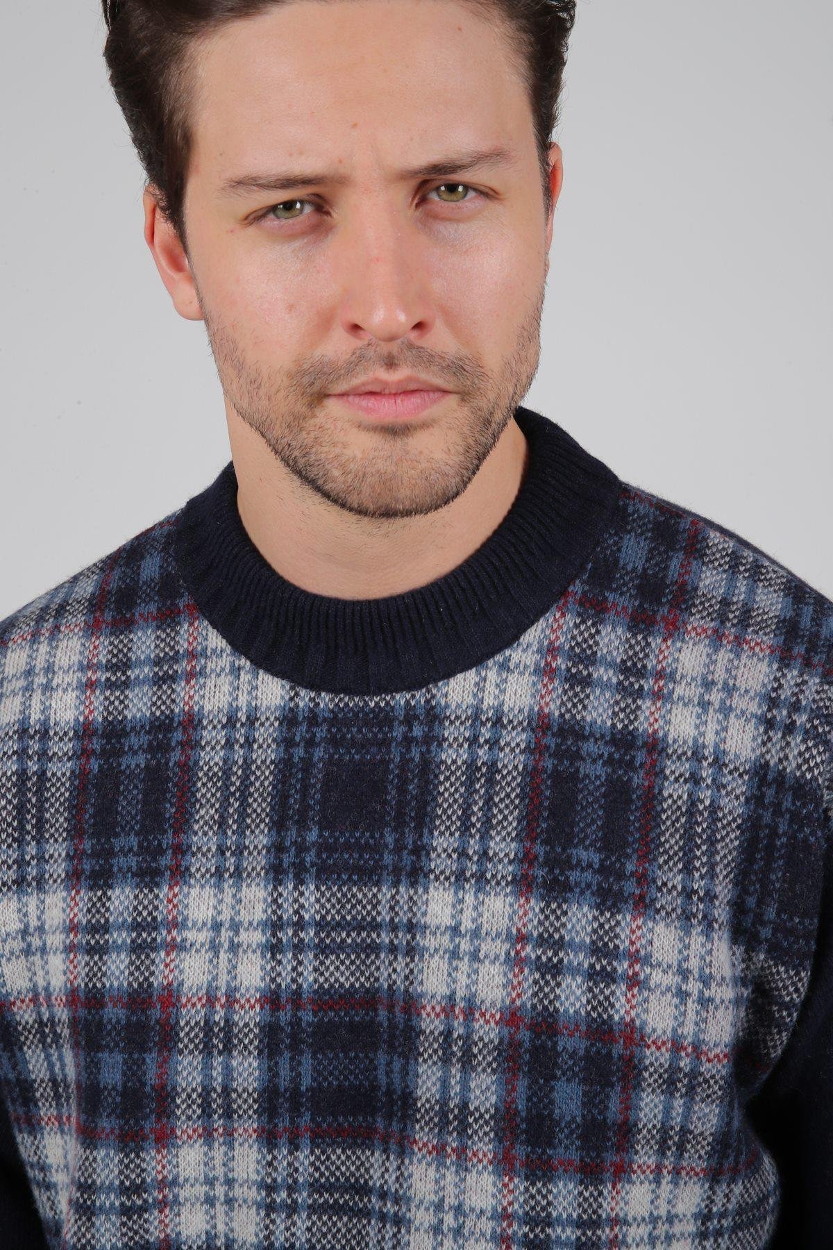 Ferraro Lacivert Bisiklet Yaka Önü Çizgili Uzun Kollu Kuzu Yünü Karışımlı Erkek Triko Kazak