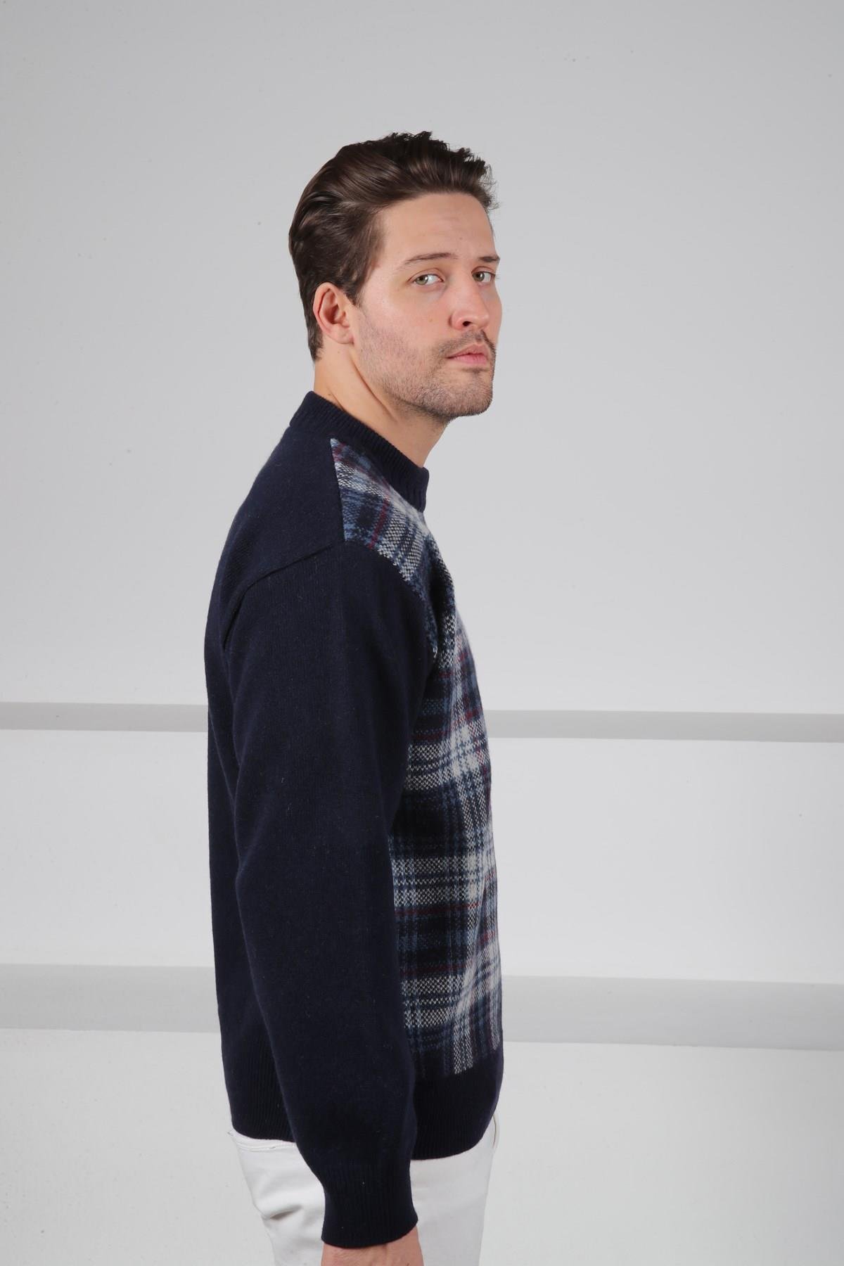 Ferraro Lacivert Bisiklet Yaka Önü Çizgili Uzun Kollu Kuzu Yünü Karışımlı Erkek Triko Kazak