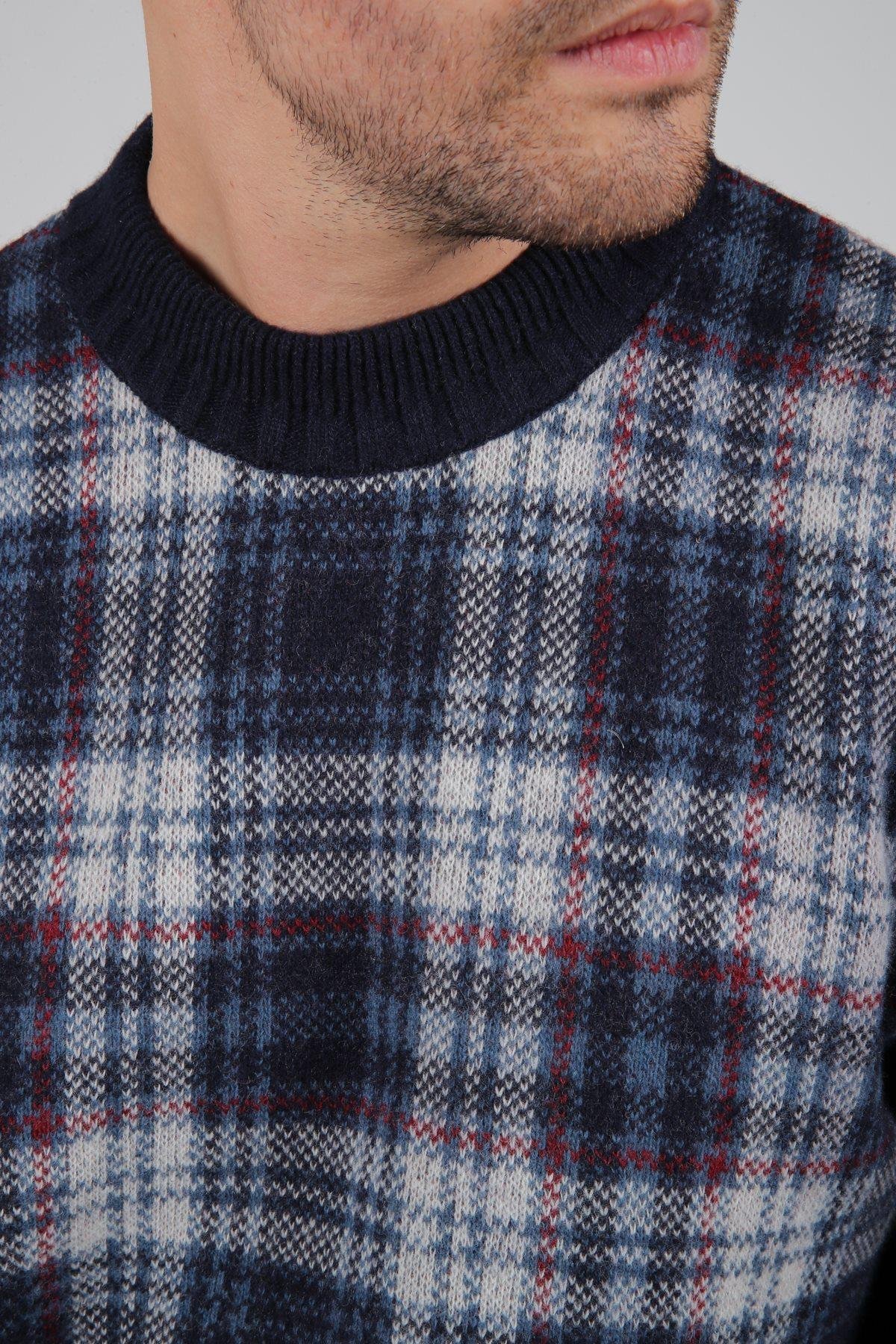 Ferraro Lacivert Bisiklet Yaka Önü Çizgili Uzun Kollu Kuzu Yünü Karışımlı Erkek Triko Kazak