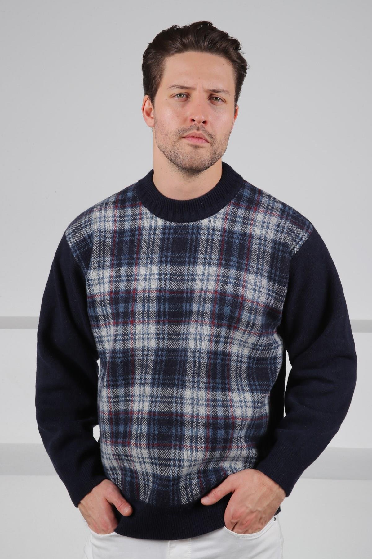 Ferraro Lacivert Bisiklet Yaka Önü Çizgili Uzun Kollu Kuzu Yünü Karışımlı Erkek Triko Kazak