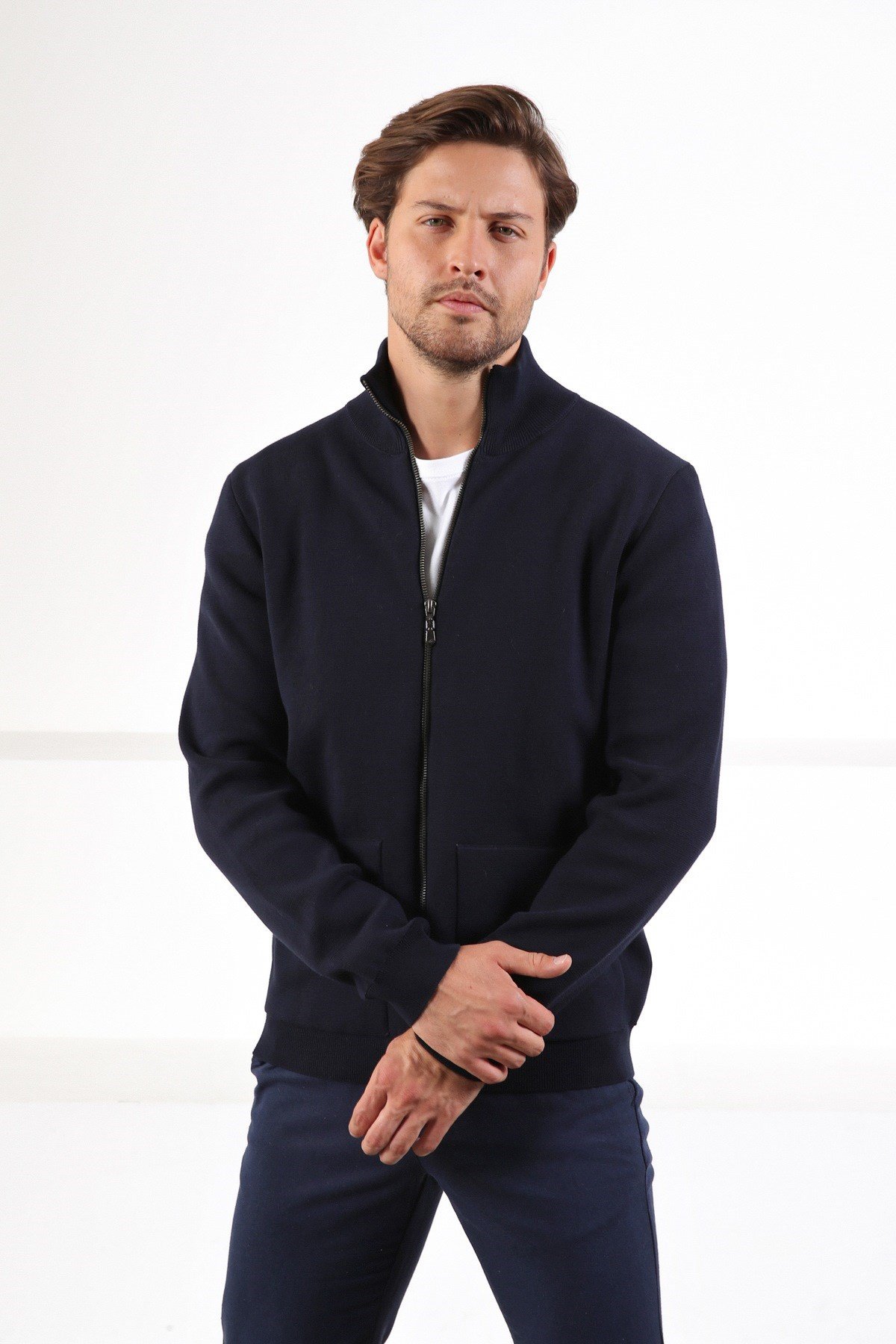 Ferraro Lacivert Çift Cep %100 Pamuk Erkek Triko Hırka