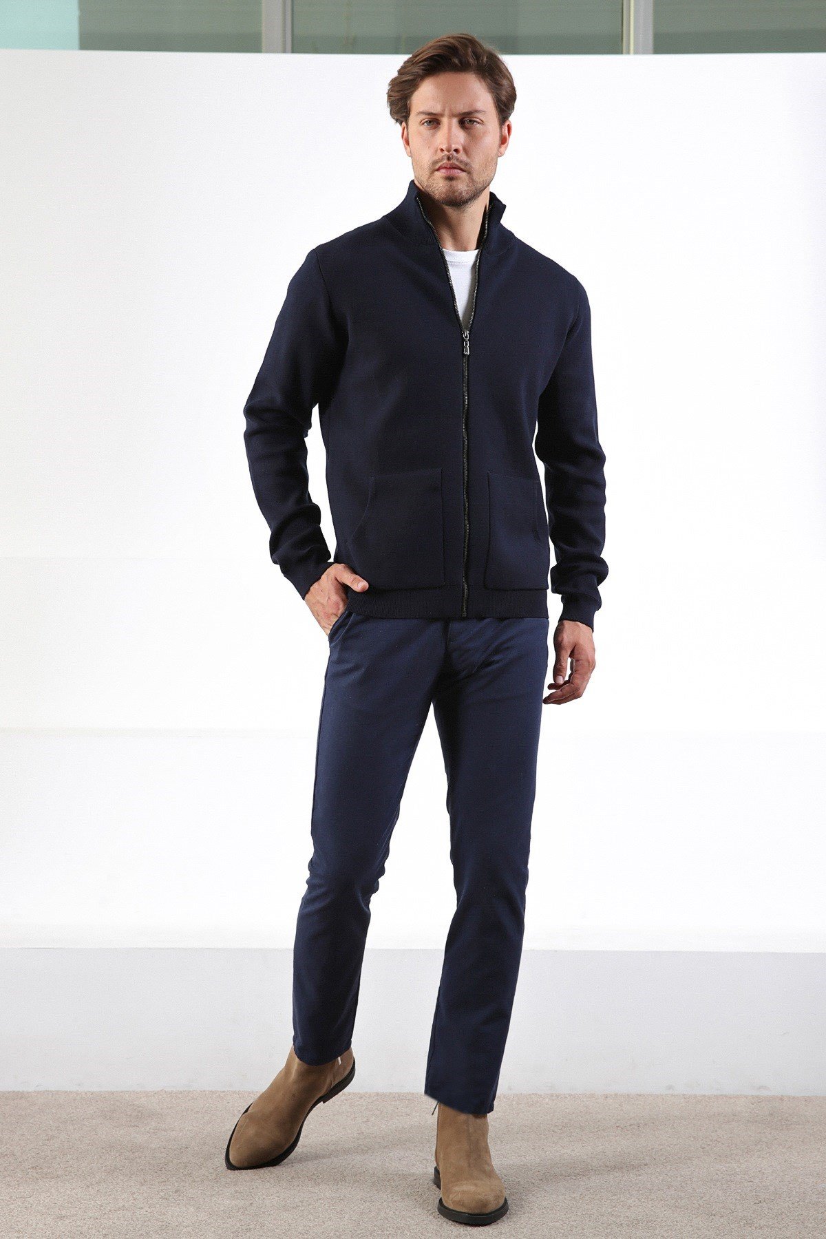 Ferraro Lacivert Çift Cep %100 Pamuk Erkek Triko Hırka