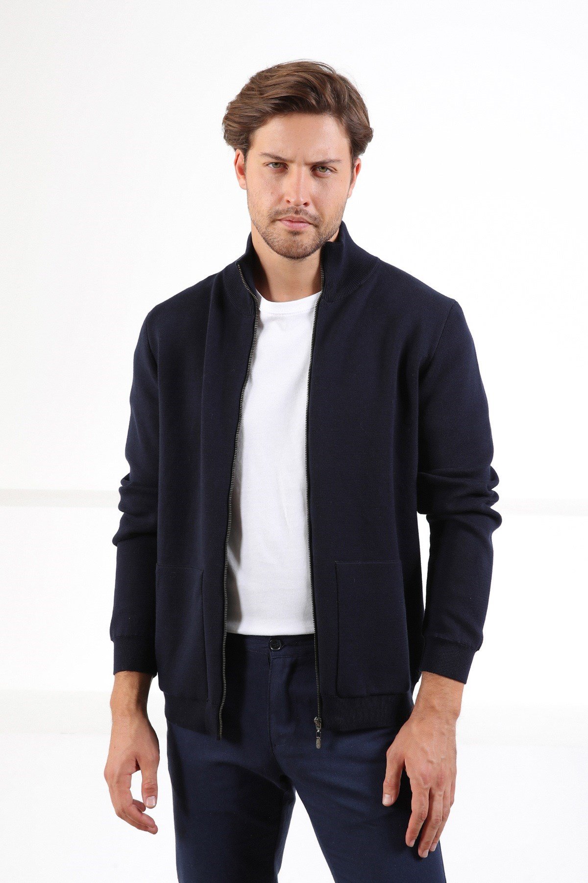 Ferraro Lacivert Çift Cep %100 Pamuk Erkek Triko Hırka