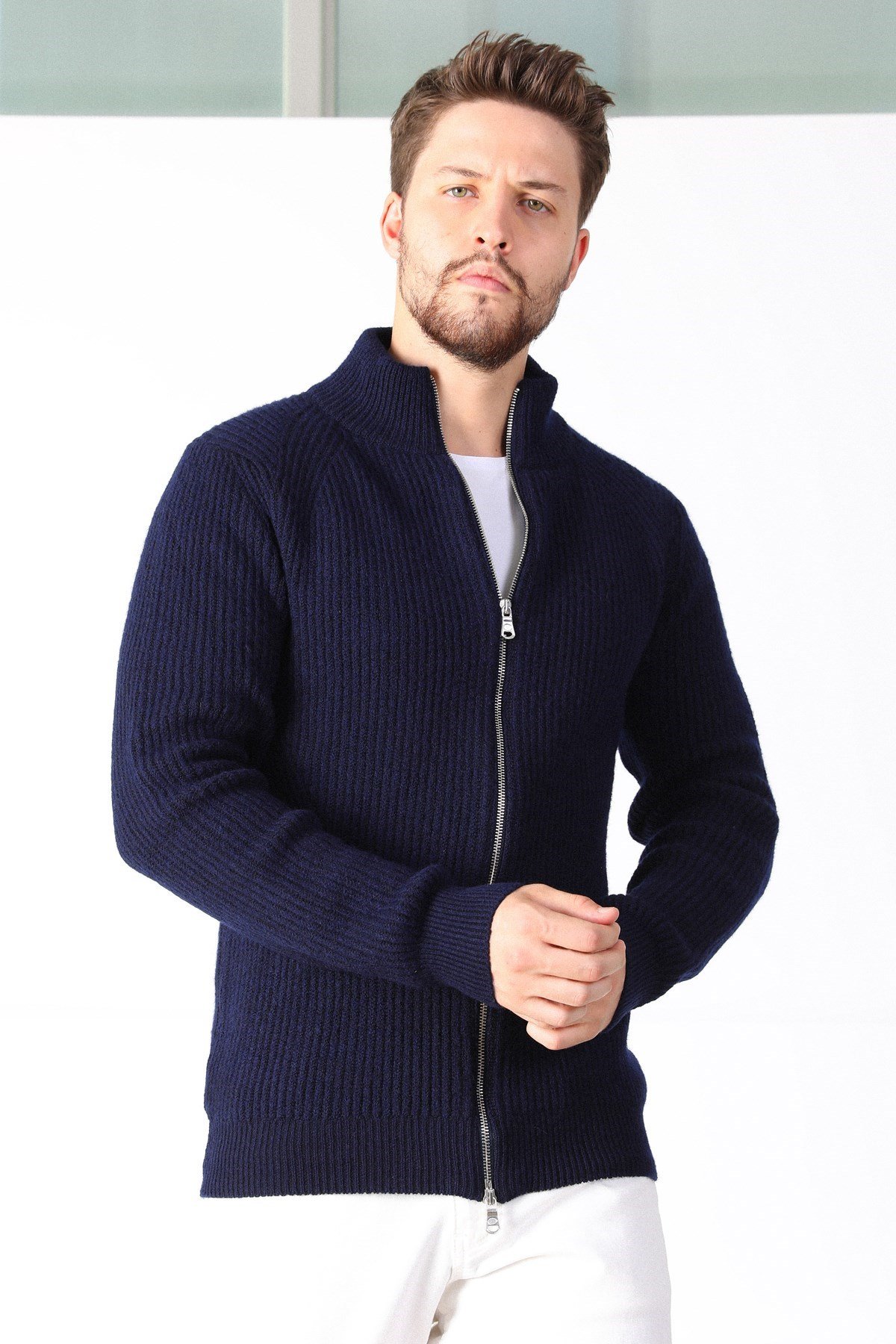 Ferraro Lacivert Çift Fermuarlı Erkek Triko Hırka