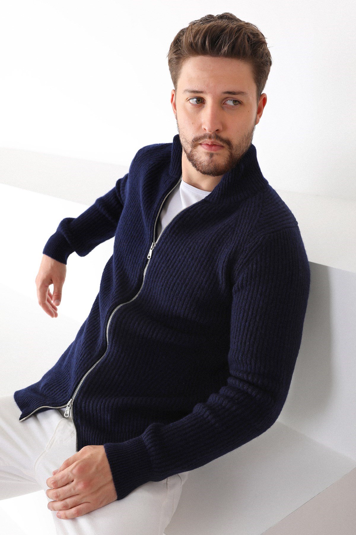 Ferraro Lacivert Çift Fermuarlı Erkek Triko Hırka