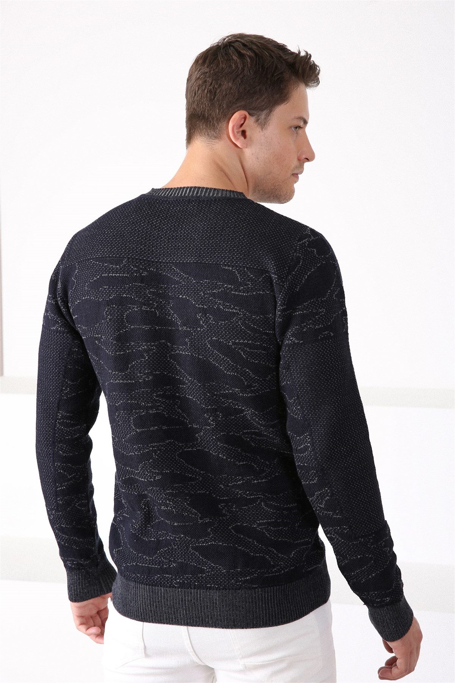 Ferraro Lacivert Desenli Bisiklet Yaka Erkek Pamuk Kazak