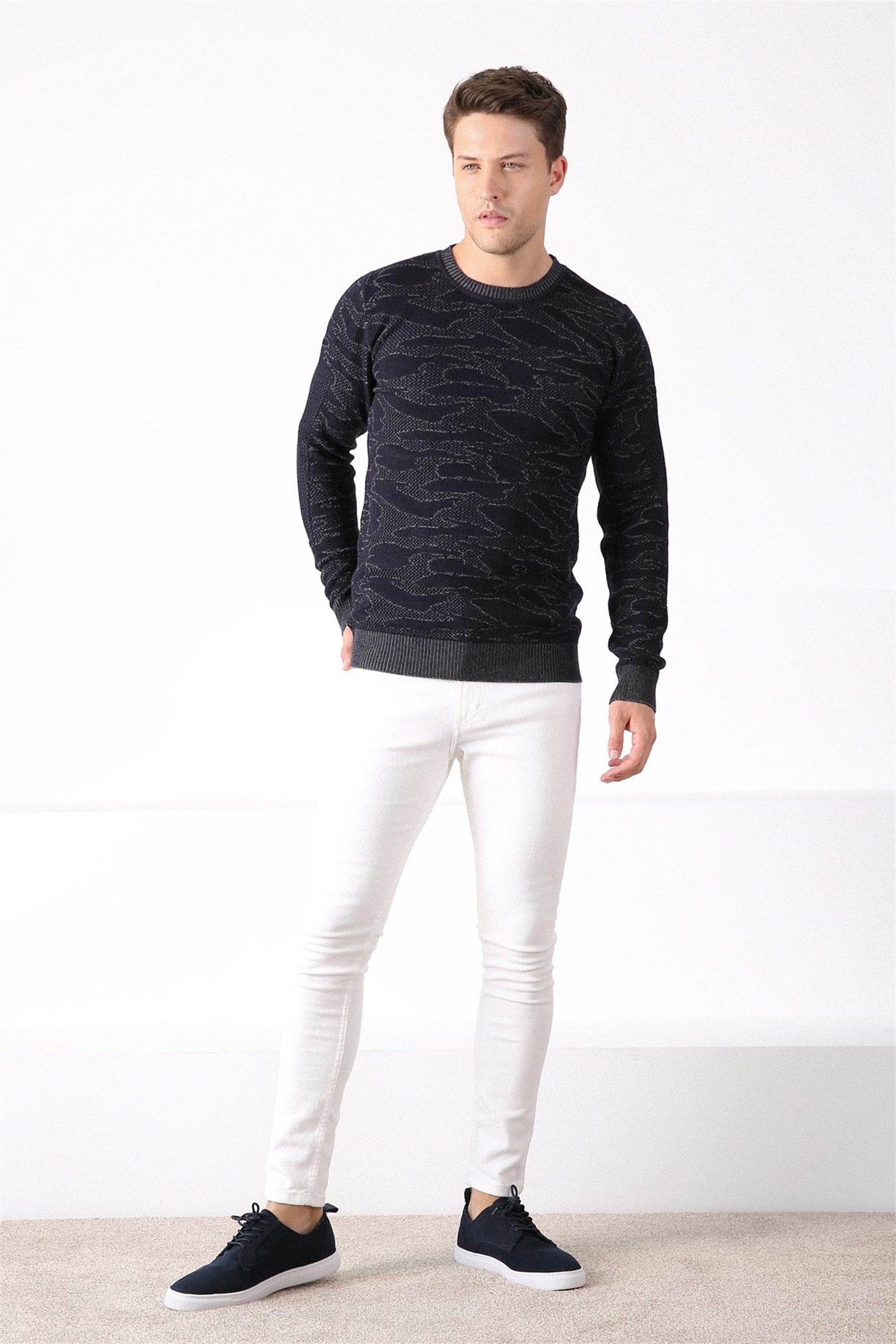 Ferraro Lacivert Desenli Bisiklet Yaka Erkek Pamuk Kazak