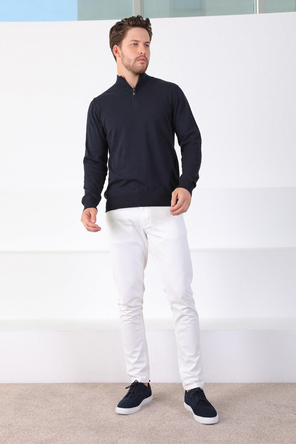 Ferraro Lacivert Dik Yaka Düz Renk Pamuk Erkek Kazak