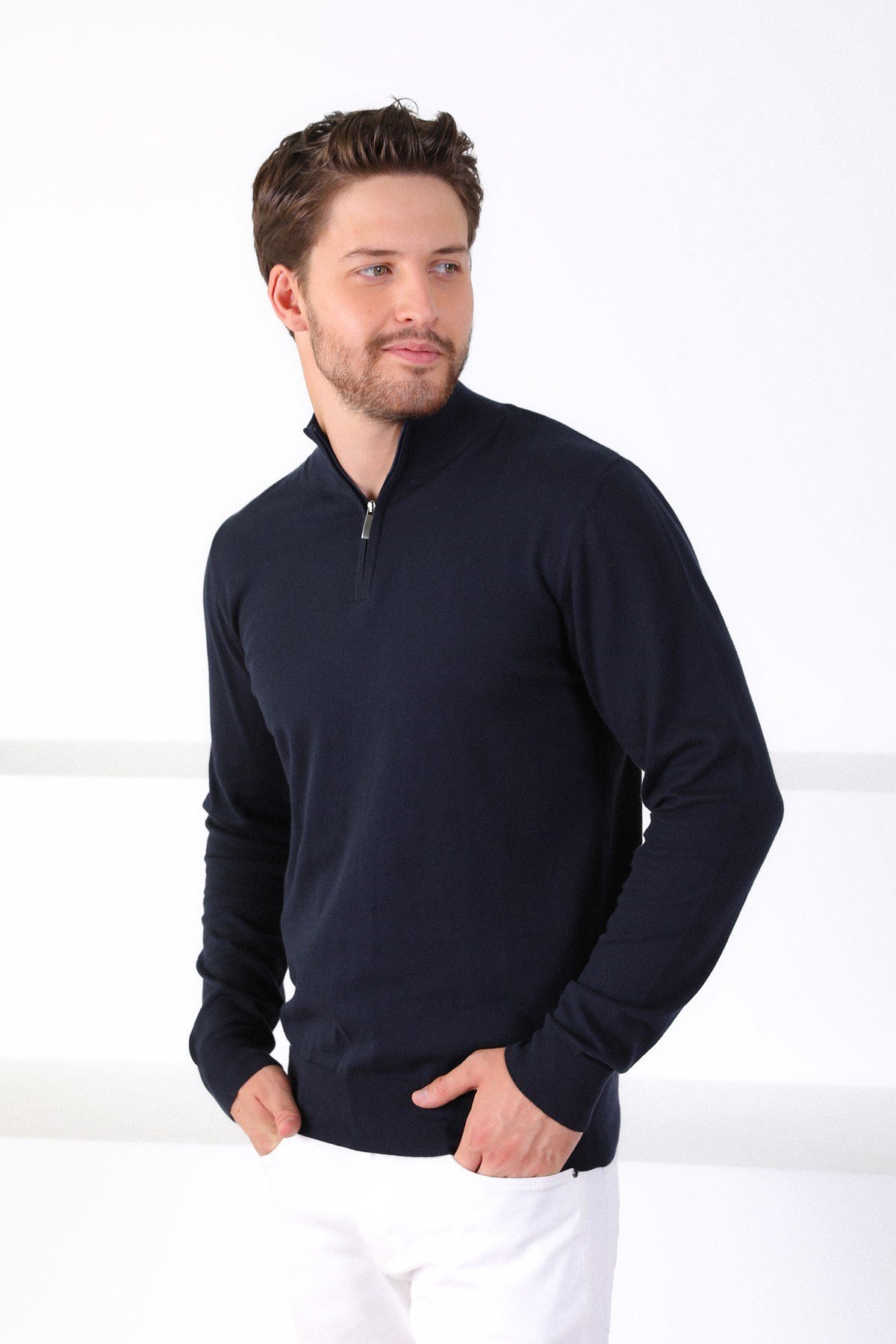 Ferraro Lacivert Dik Yaka Düz Renk Pamuk Erkek Kazak