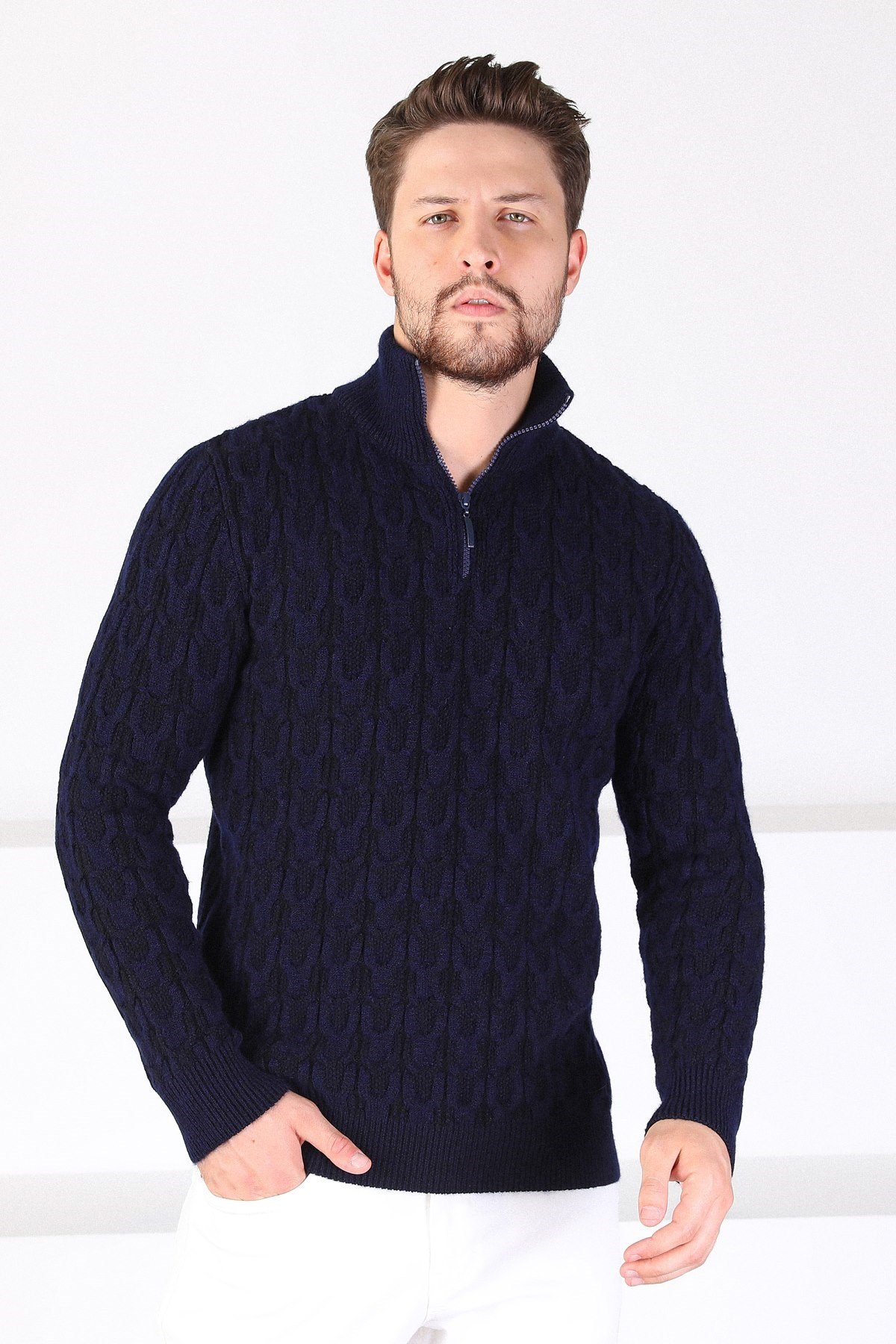 Ferraro Lacivert Dik Yaka Erkek Triko Kazak