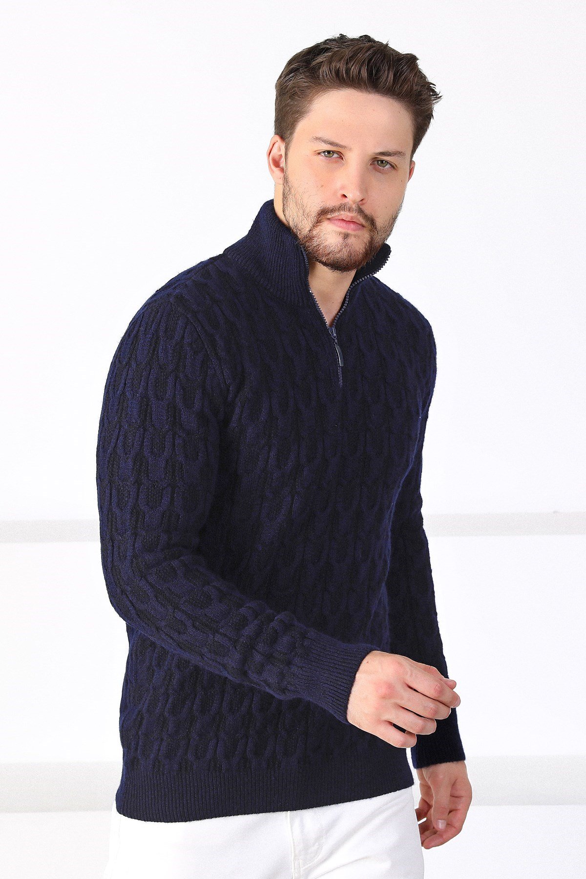 Ferraro Lacivert Dik Yaka Erkek Triko Kazak