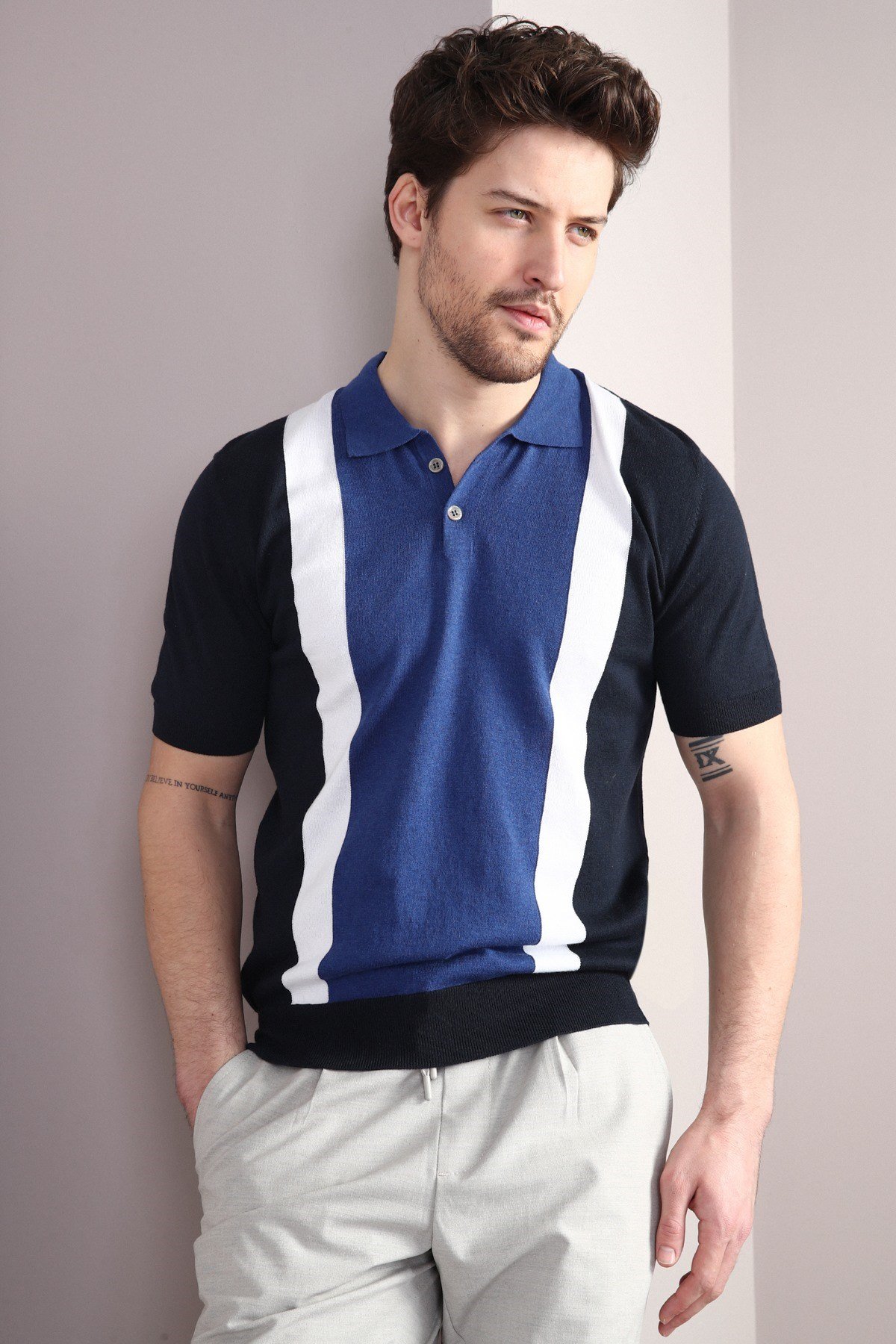 Ferraro Lacivert Düğmeli Polo Yaka %100 Pamuk Erkek Triko T-Shirt