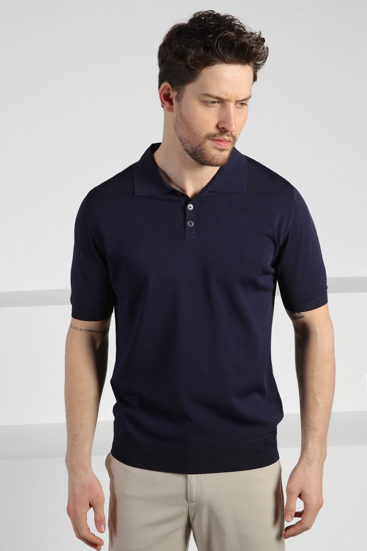 Ferraro Lacivert Düğmeli Polo Yaka Erkek Rayon Triko T-Shirt