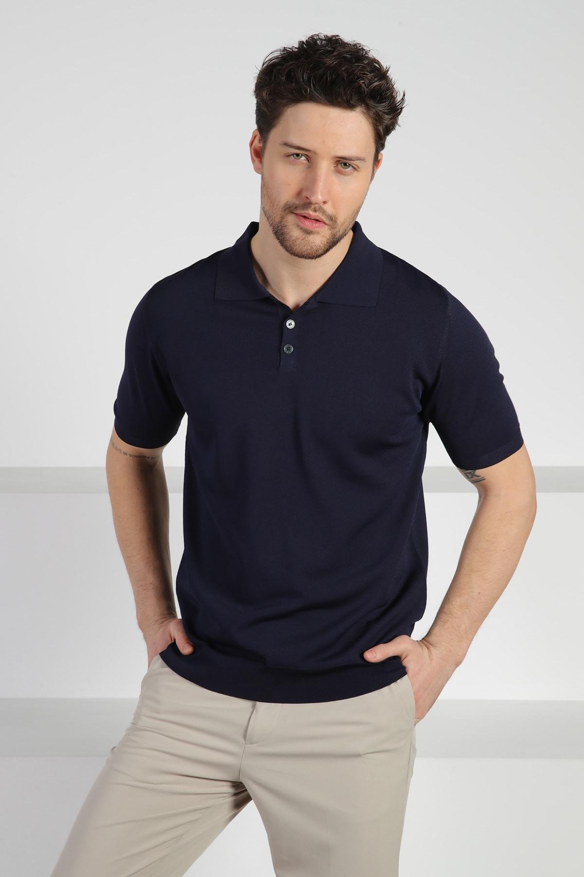 Ferraro Lacivert Düğmeli Polo Yaka Erkek Rayon Triko T-Shirt
