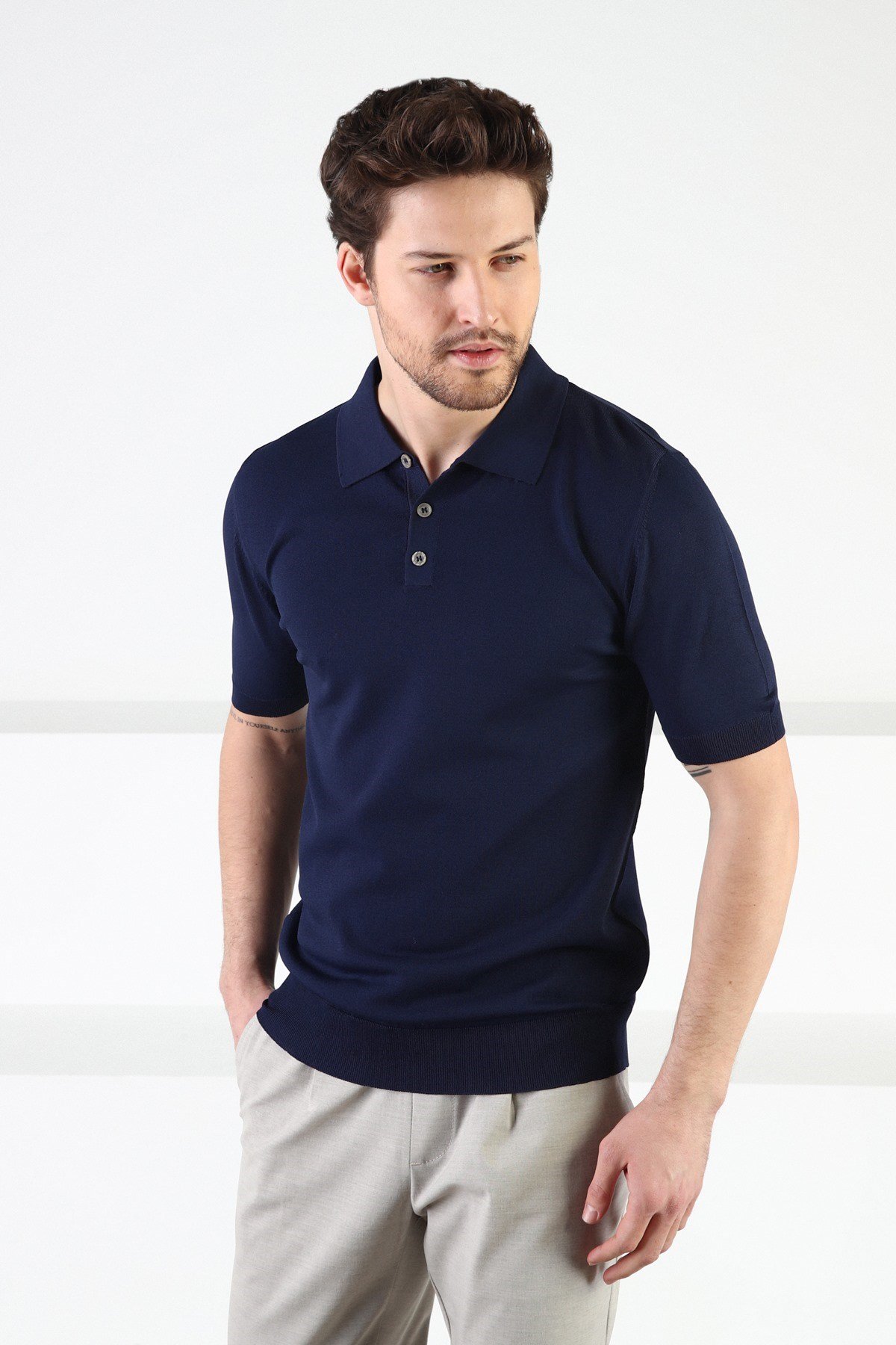 Ferraro Lacivert Düğmeli Polo Yaka Viskon Erkek Triko T-Shirt