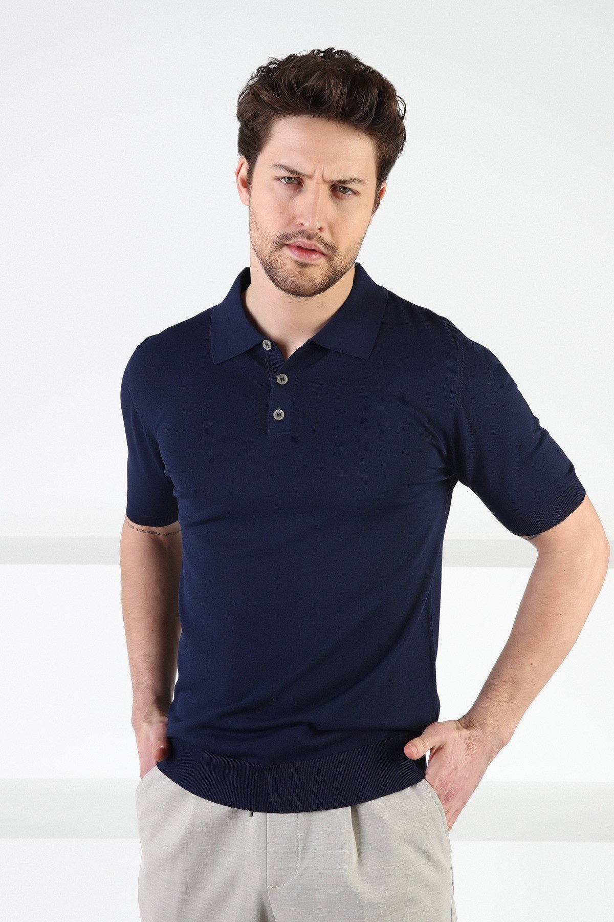 Ferraro Lacivert Düğmeli Polo Yaka Viskon Erkek Triko T-Shirt