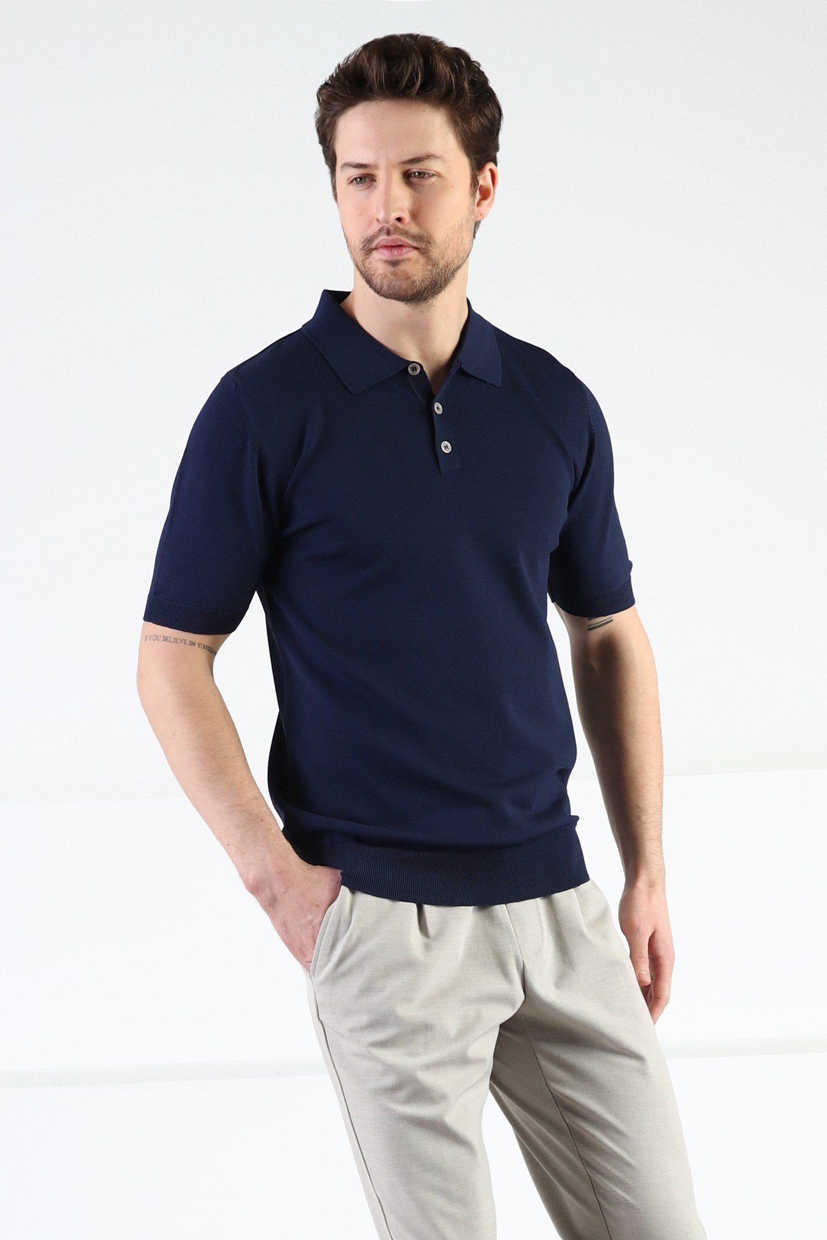 Ferraro Lacivert Düğmeli Polo Yaka Viskon Erkek Triko T-Shirt