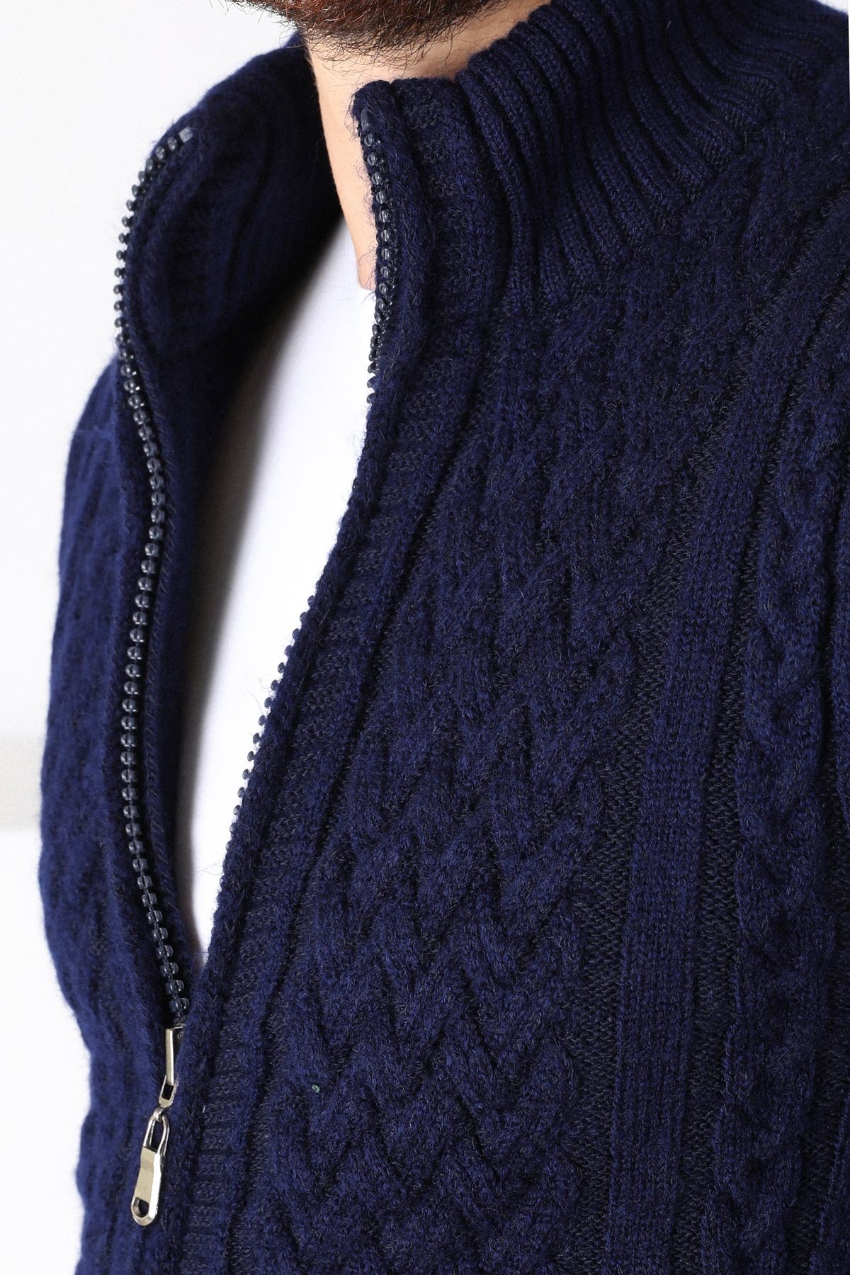 Ferraro Lacivert Fermuarlı Kalın Yün Erkek Triko Hırka