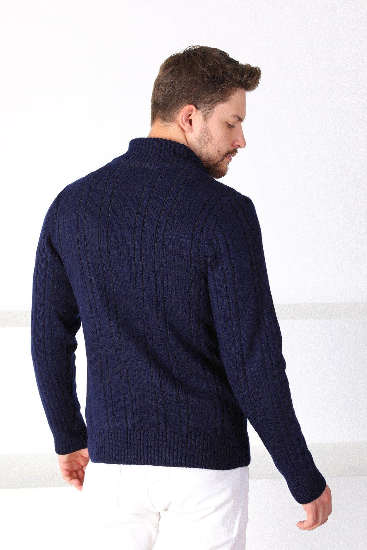 Ferraro Lacivert Fermuarlı Kalın Yün Erkek Triko Hırka