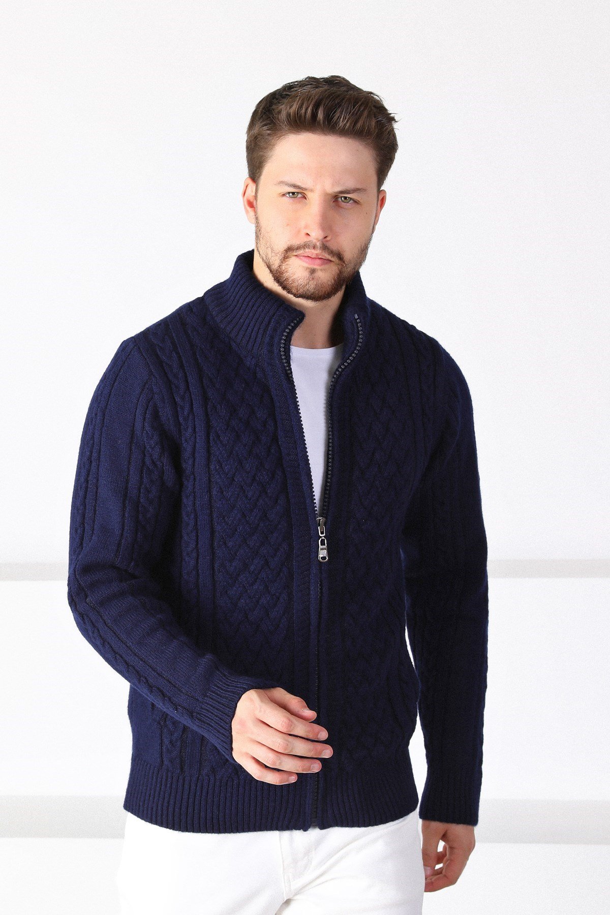 Ferraro Lacivert Fermuarlı Kalın Yün Erkek Triko Hırka