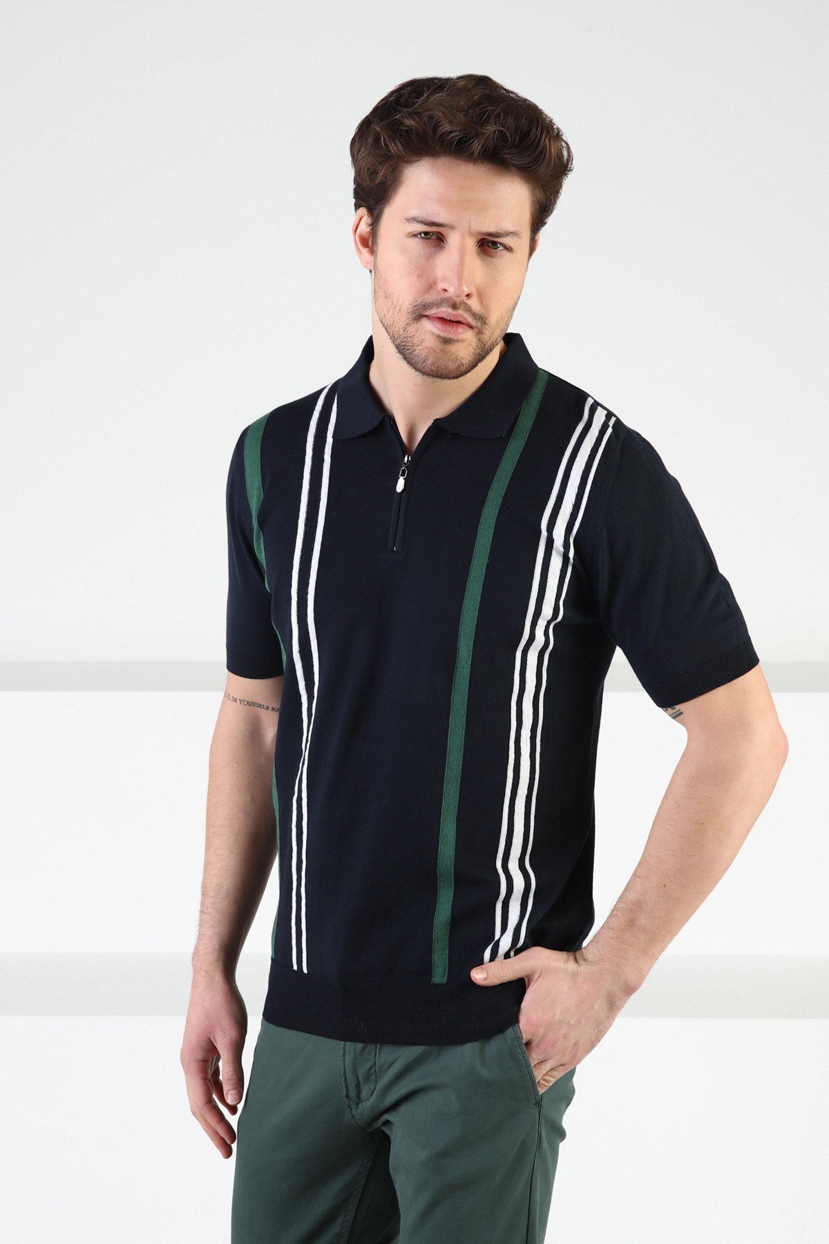 Ferraro Lacivert Fermuarlı Polo Yaka %100 Pamuk Erkek Triko T-Shirt
