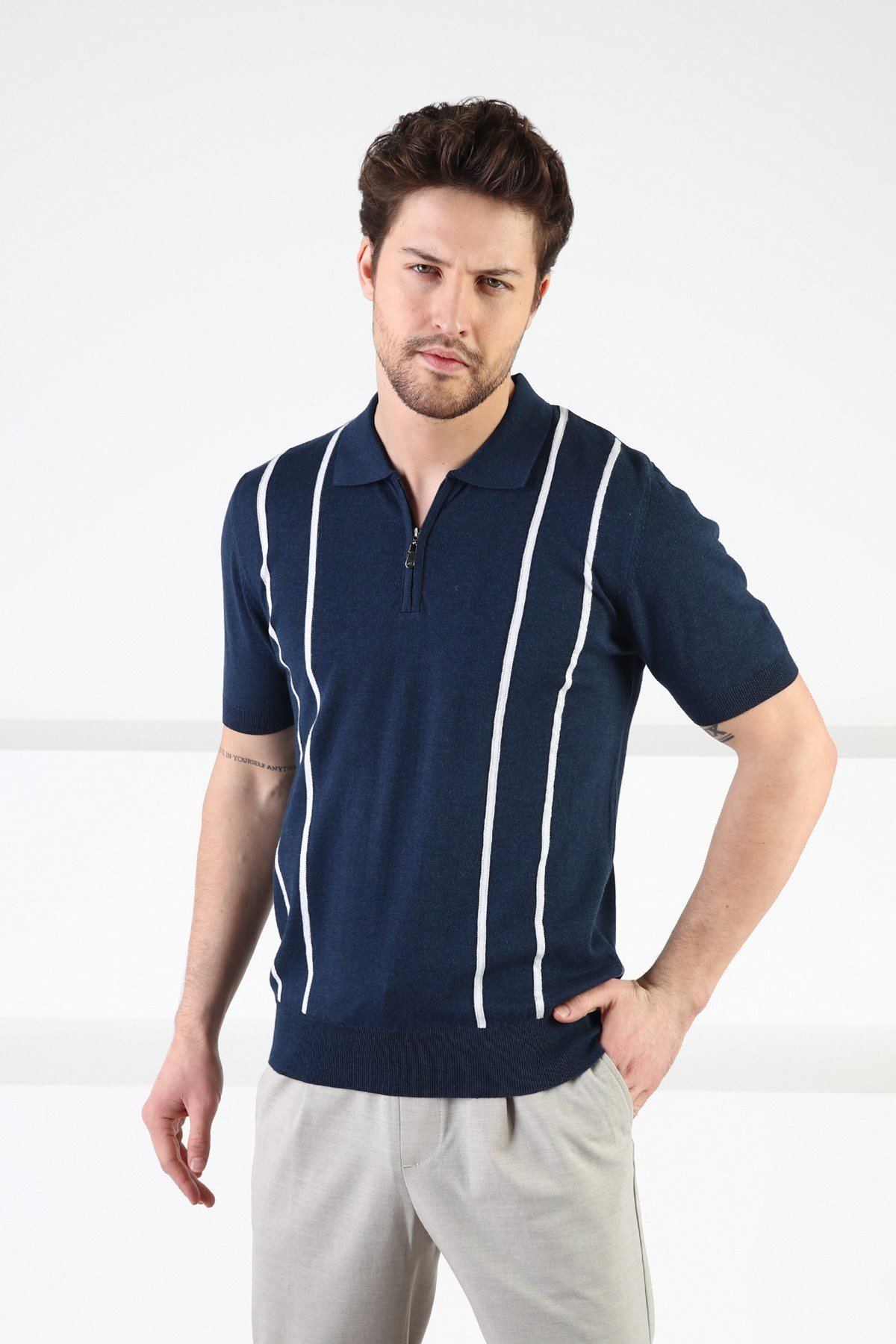 Ferraro Lacivert Fermuarlı Polo Yaka %100 Pamuk Erkek Triko T-Shirt