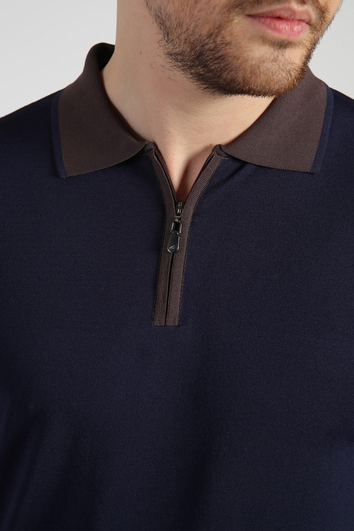 Ferraro Lacivert Fermuarlı Polo Yaka Erkek Rayon Triko T-Shirt