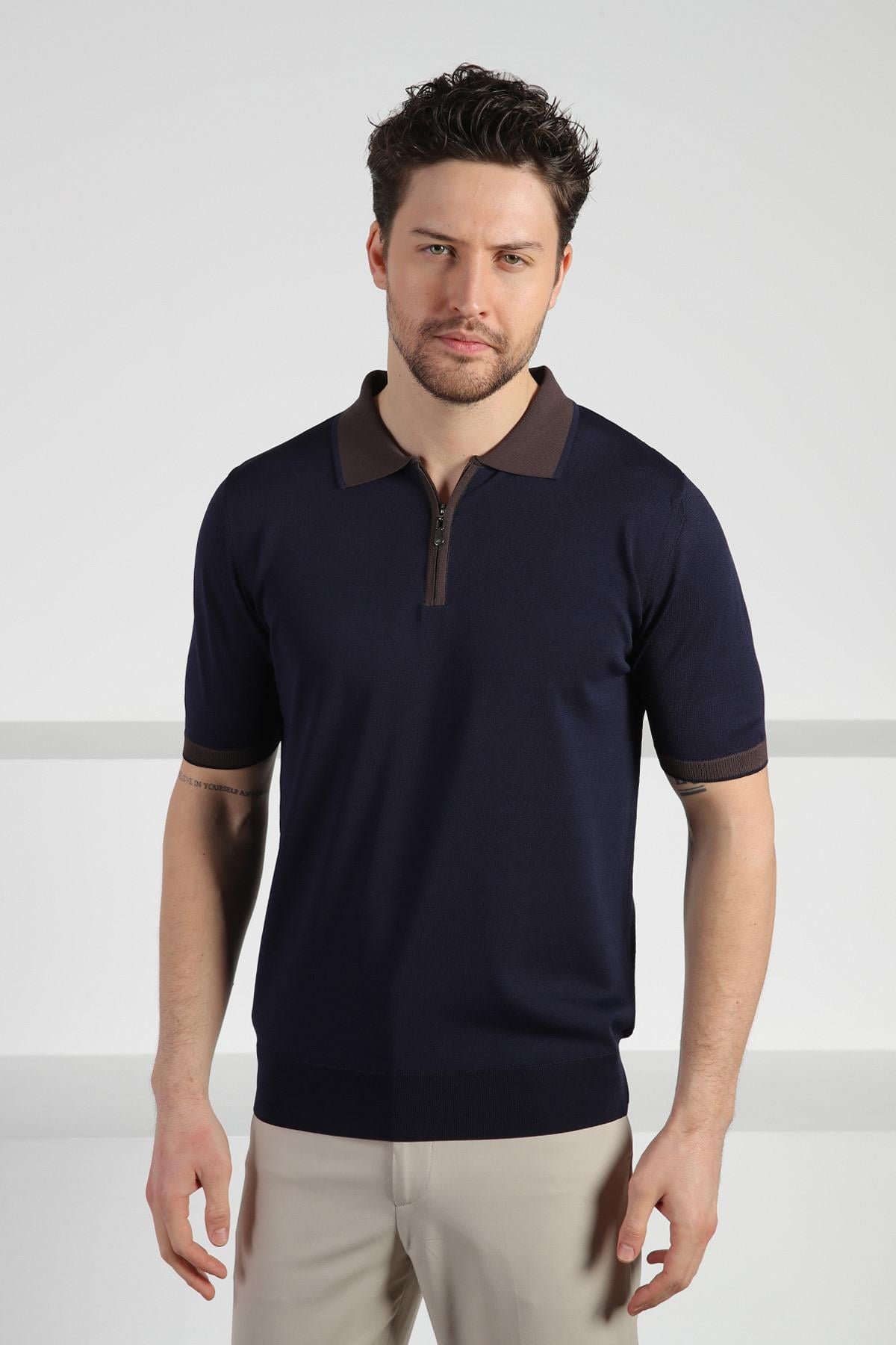 Ferraro Lacivert Fermuarlı Polo Yaka Erkek Rayon Triko T-Shirt