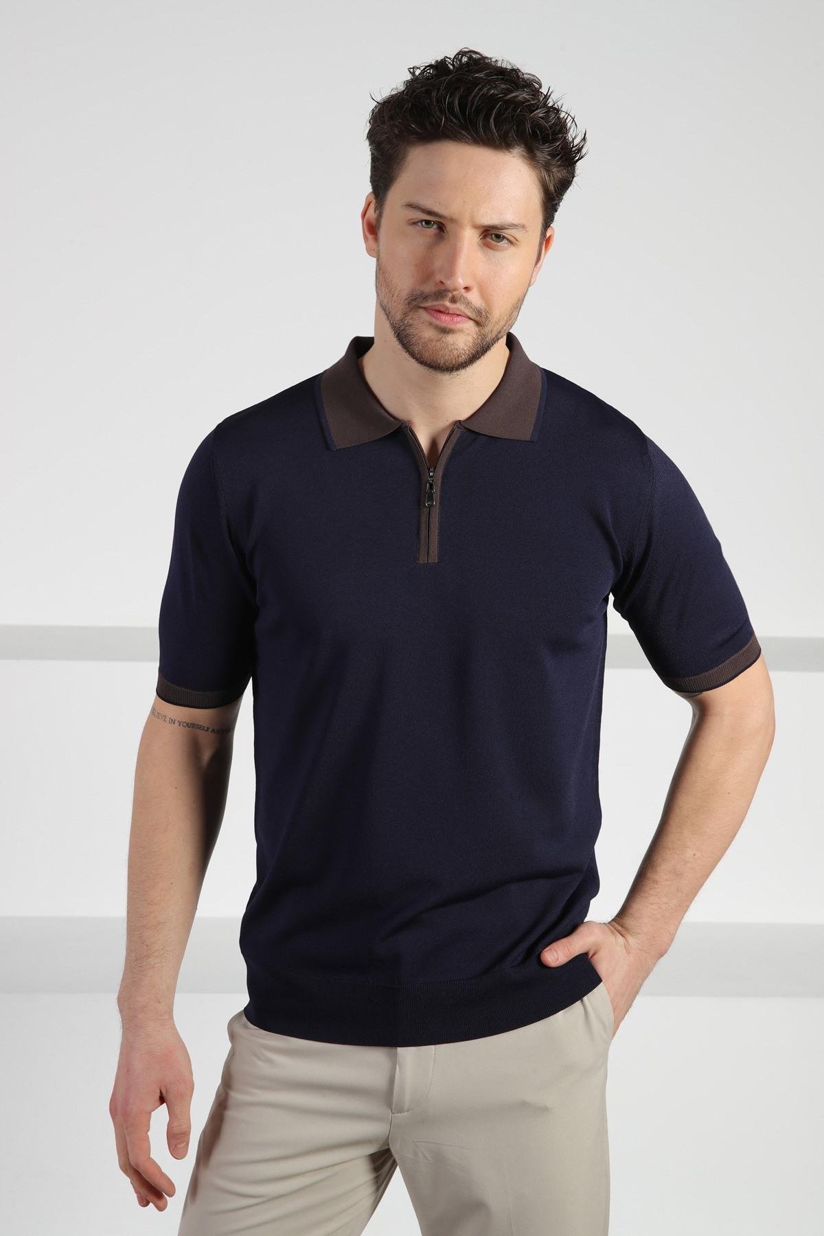 Ferraro Lacivert Fermuarlı Polo Yaka Erkek Rayon Triko T-Shirt