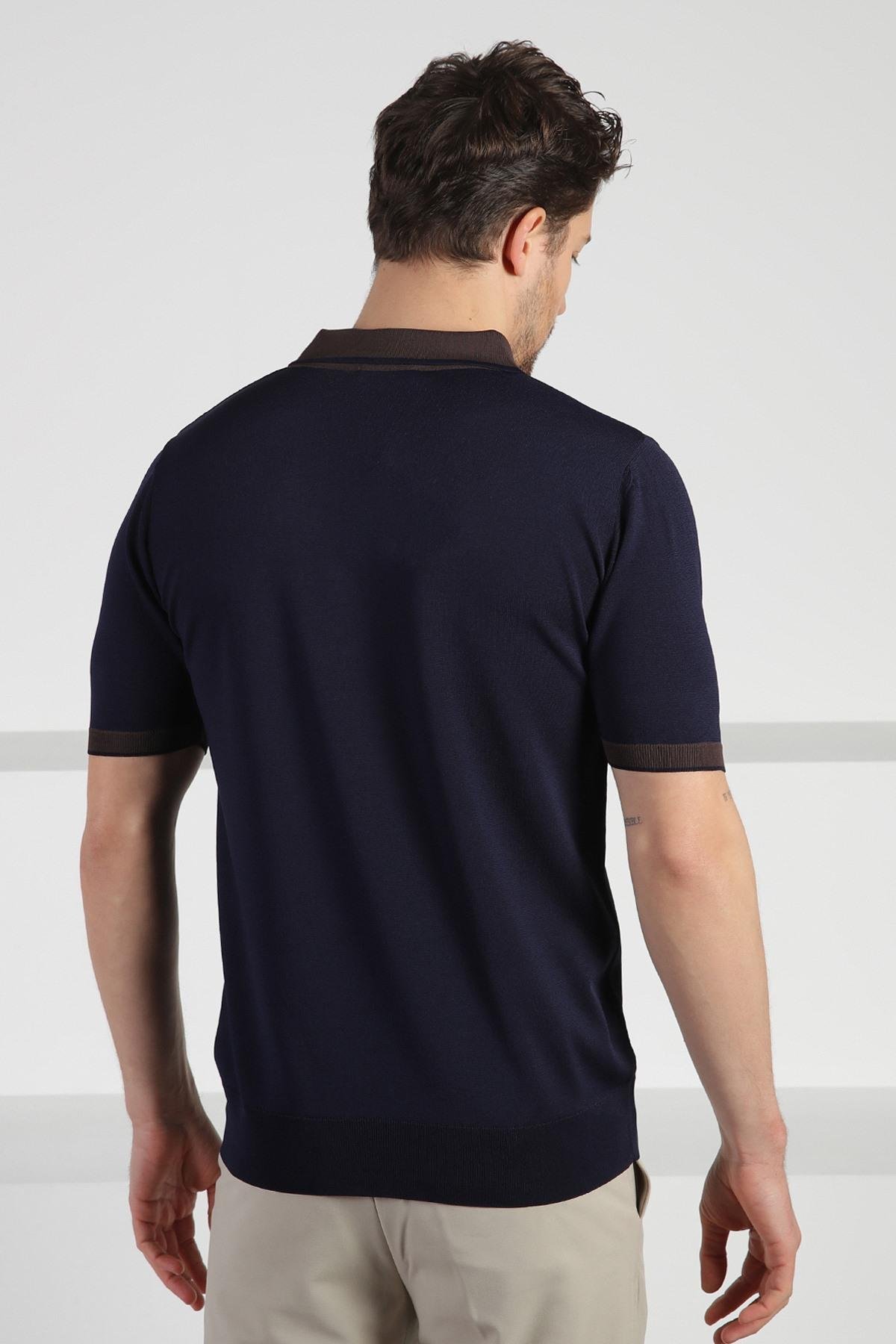 Ferraro Lacivert Fermuarlı Polo Yaka Erkek Rayon Triko T-Shirt