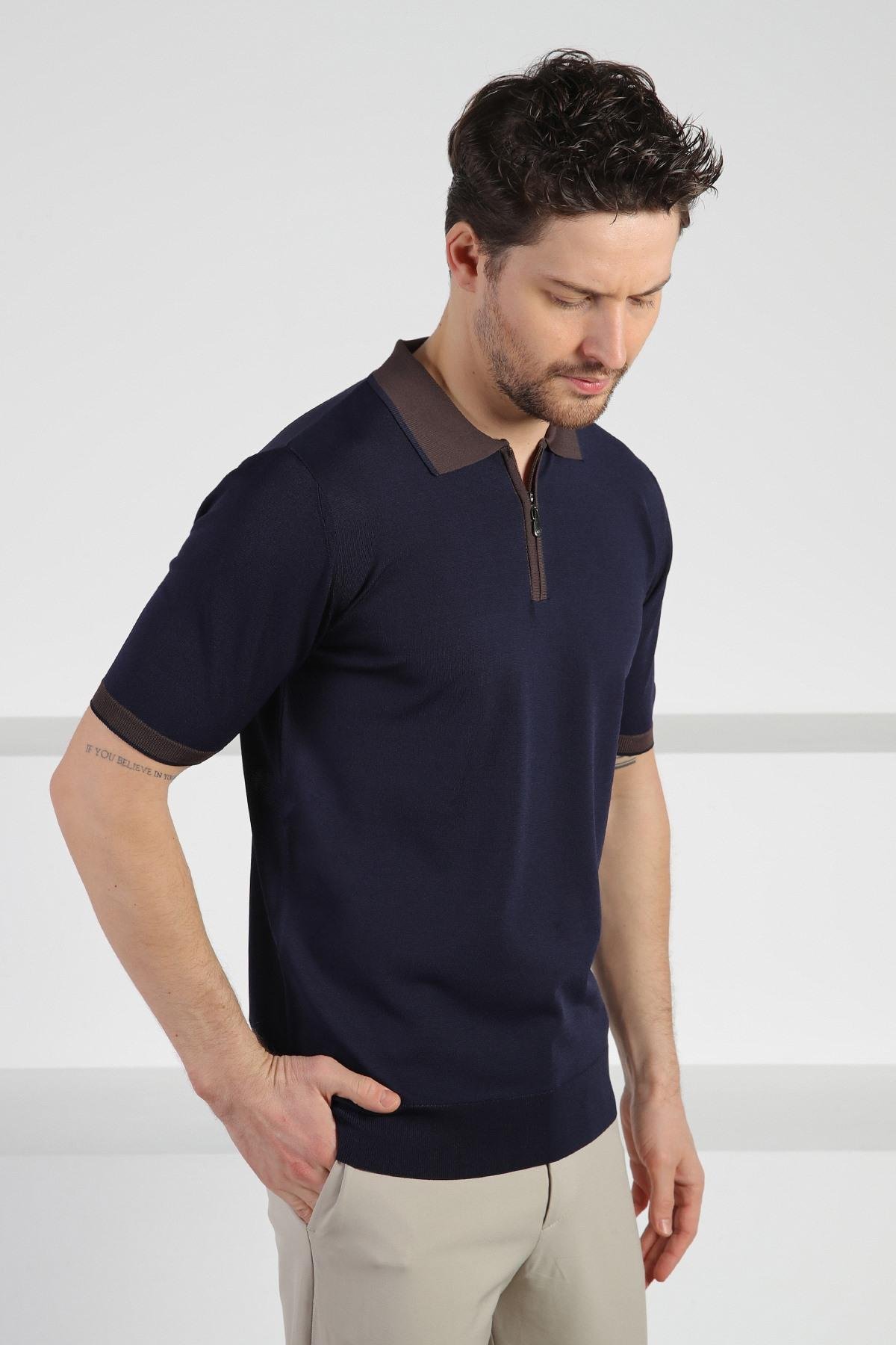 Ferraro Lacivert Fermuarlı Polo Yaka Erkek Rayon Triko T-Shirt