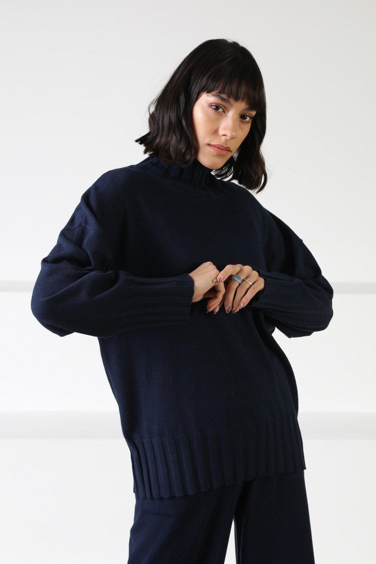 Ferraro Lacivert Kol Detay Yarım Balıkçı Yaka Kaşmirli Kadın Triko Kazak