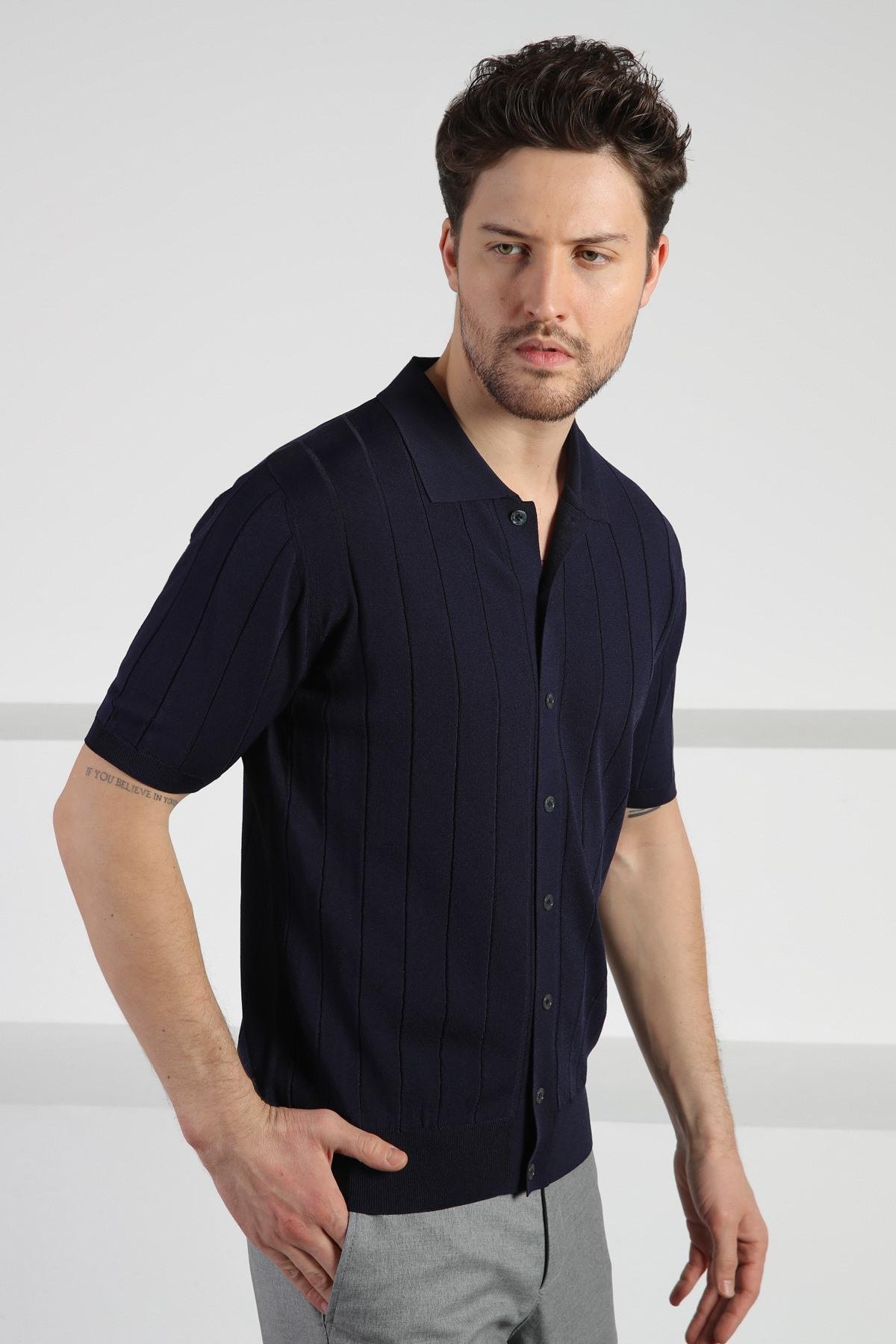 Ferraro Lacivert Önü Düğmeli Polo Yaka Erkek Rayon Triko T-Shirt