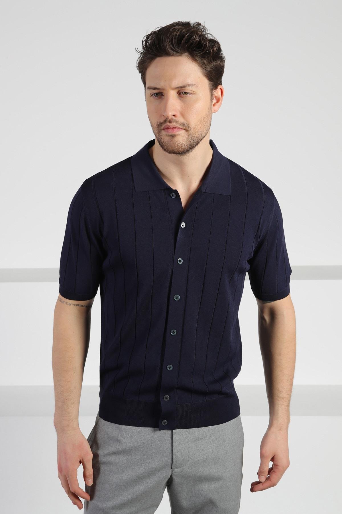 Ferraro Lacivert Önü Düğmeli Polo Yaka Erkek Rayon Triko T-Shirt