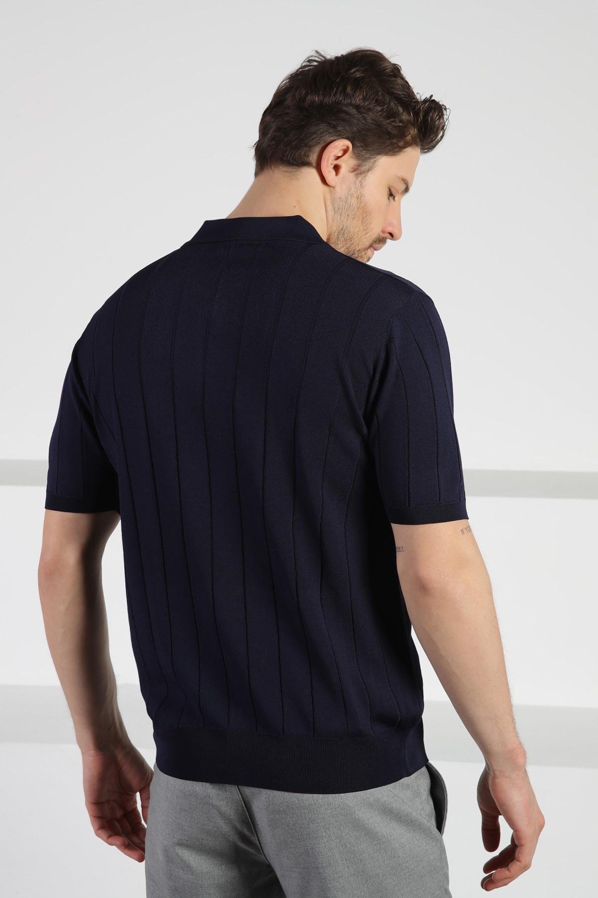 Ferraro Lacivert Önü Düğmeli Polo Yaka Erkek Rayon Triko T-Shirt