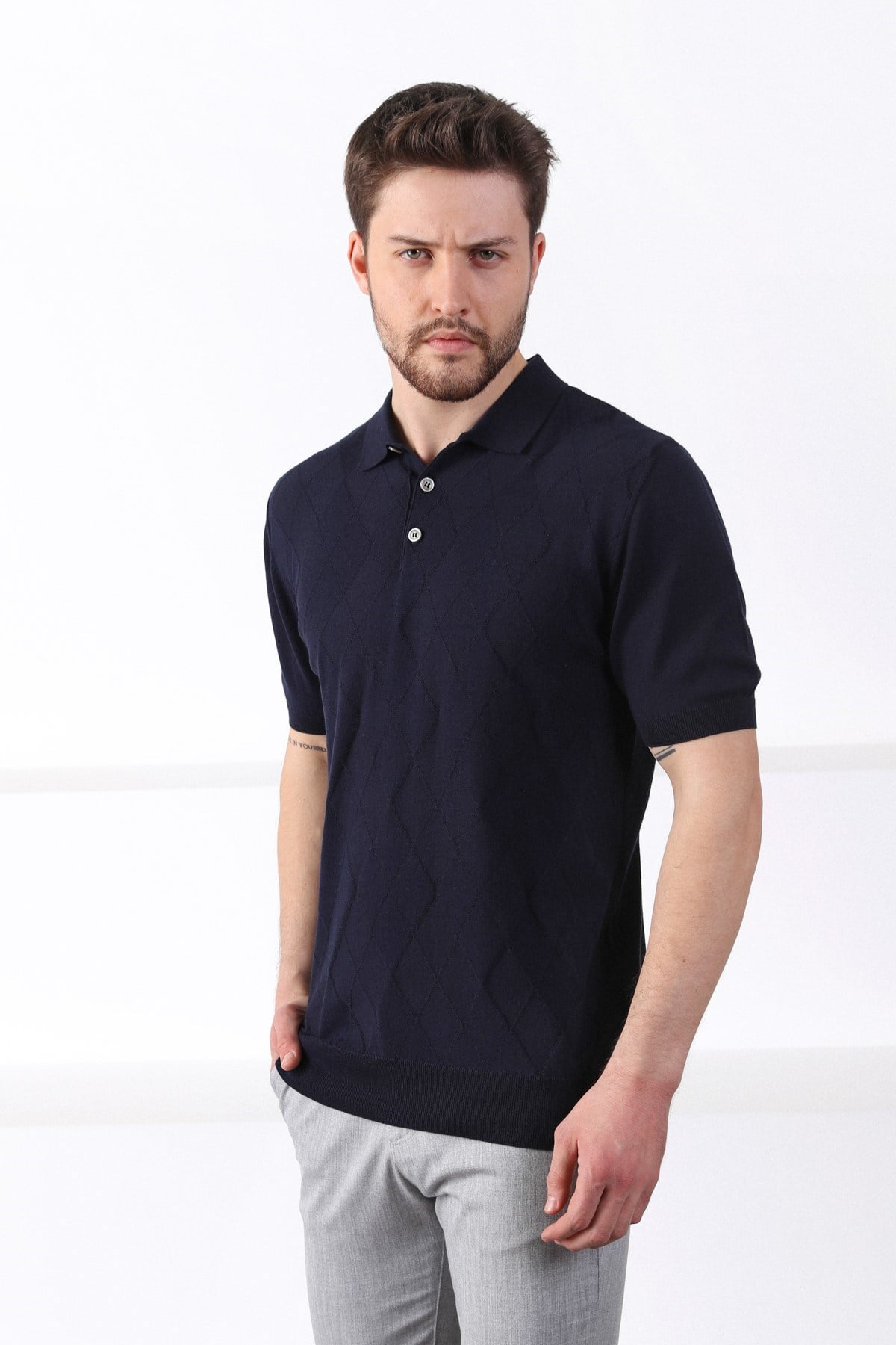 Ferraro Lacivert Polo Yaka Baklava Desen Erkek Pamuk Triko T-Shirt