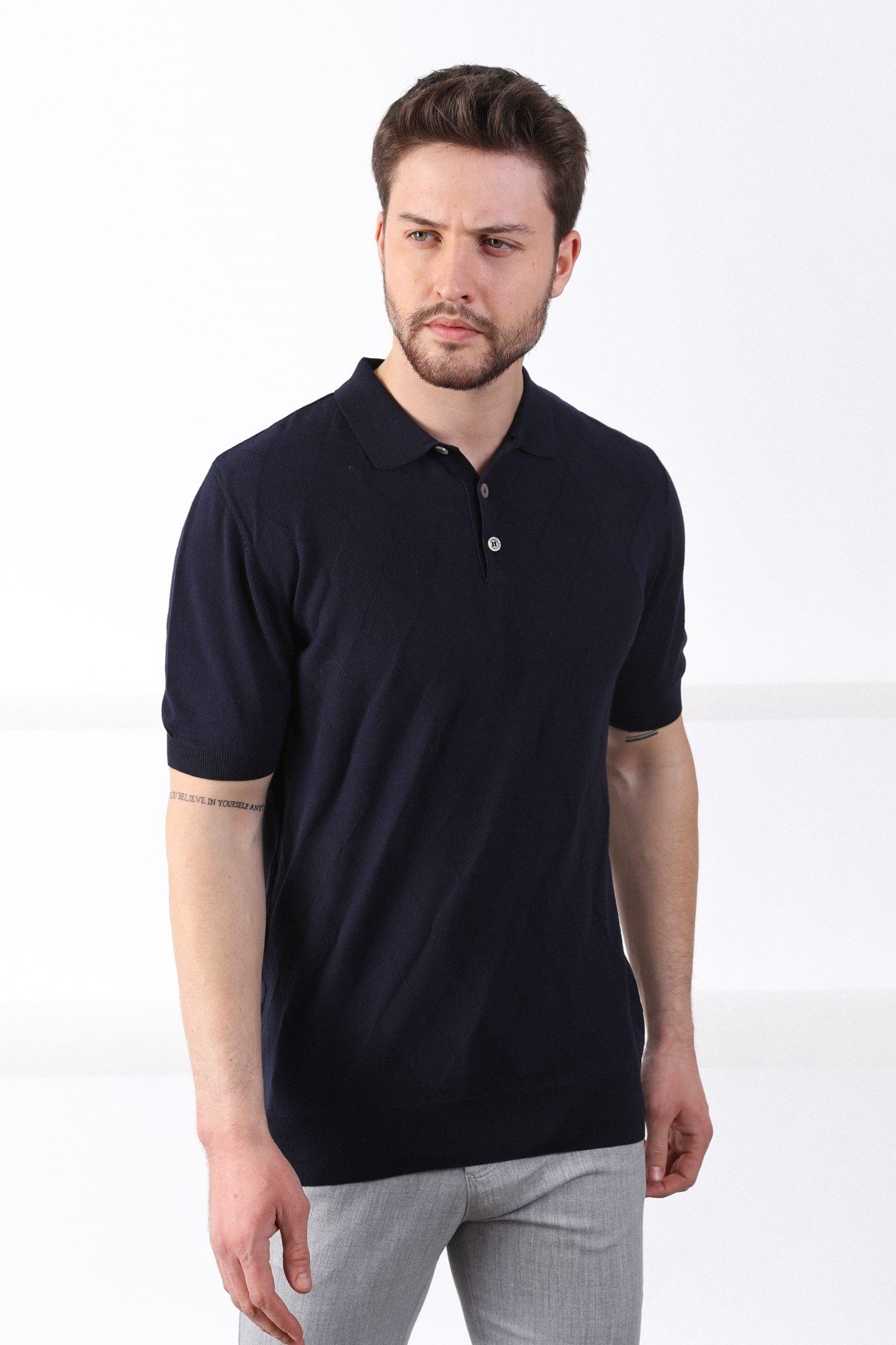 Ferraro Lacivert Polo Yaka Baklava Desen Erkek Pamuk Triko T-Shirt