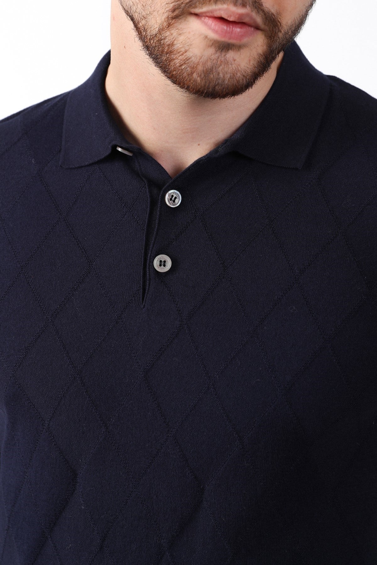 Ferraro Lacivert Polo Yaka Baklava Desen Erkek Pamuk Triko T-Shirt